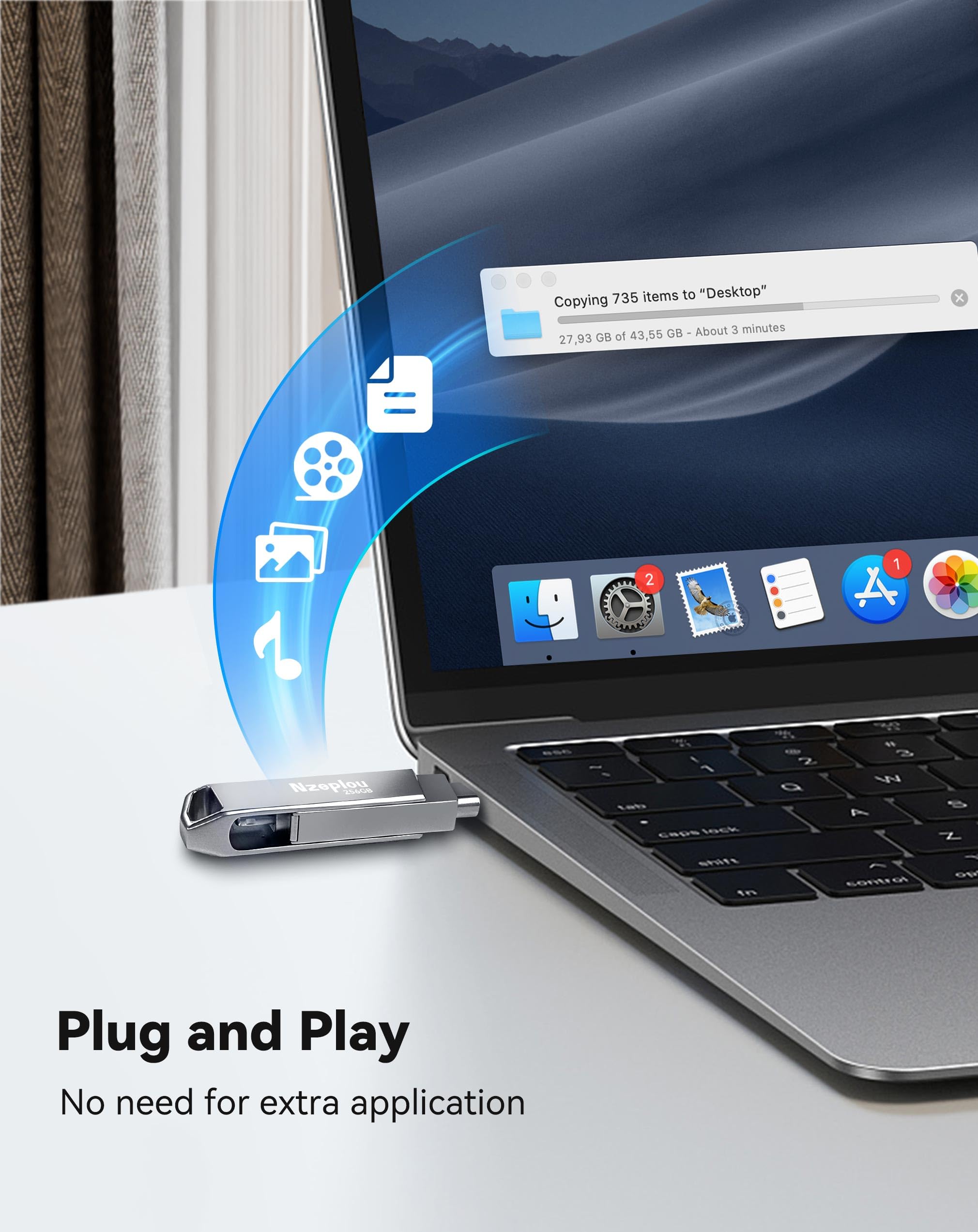 Pamięć flash 256 GB do iPhone'a iPada, szybka pamięć USB 3.0, nie wymaga aplikacji, oświetlenie i pamięć zewnętrzna USB-C, do zdjęć, filmów, kopii zapasowych zdjęć, pendrive Plug & Play, srebrny