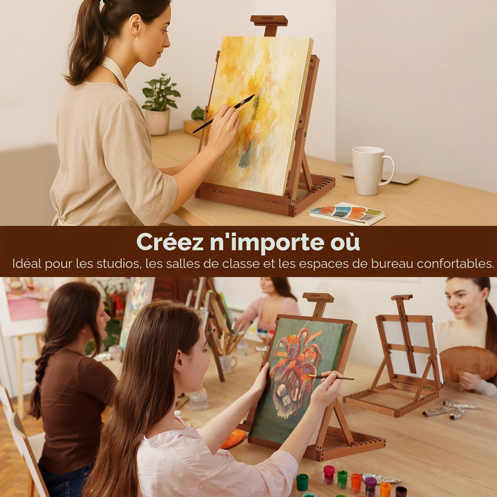 VISWIN Chevalet de Table en Bois Robuste Avec Cadre en H, Supporte La Toile Jusqu'À 58 cm, Chevalet de Bureau Réglable en Bois de Hêtre Pour Peinture Sur Toile, Adultes, débutants