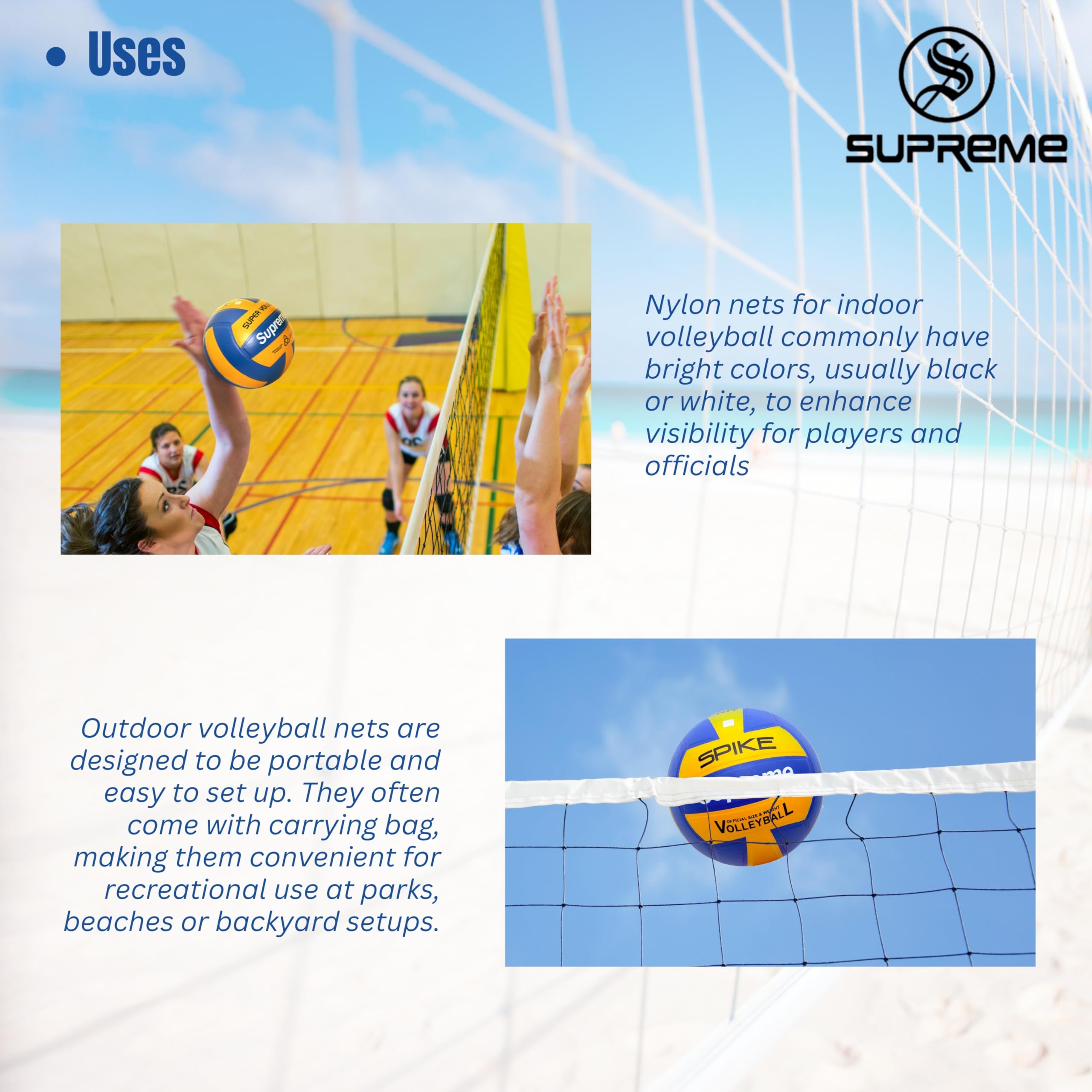 Supreme Volleyball Net Classic (4 Side Canvas) Heavy Duty (Pack of 1) Volleyball Net (Black, Beige) 3