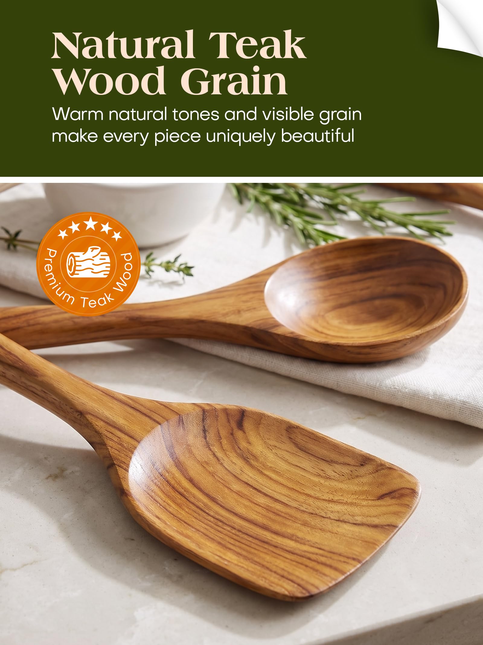 Ustensiles de Cuisine en Bois Antiadhésif - Set de 10 Pièces en Teck Naturel Avec Spatule et Louche