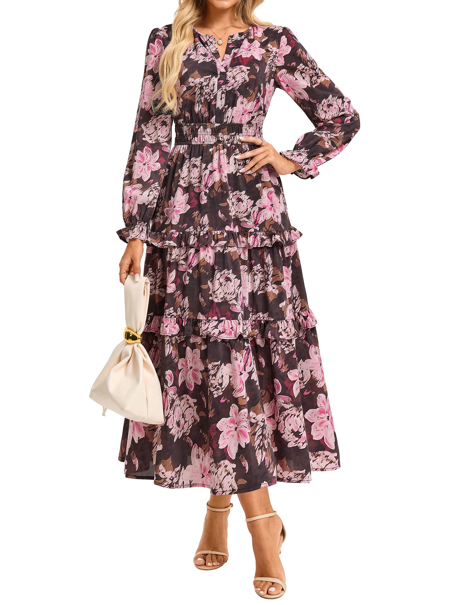 GRACE KARIN Kleid Hochzeitsgast Damen Chiffon A-Linie Blumen Kleid Damen | Mit Tasches|Maxi|A-Linie|Langarm|Henley V-Ausschnitt|Herbstkleid|Gefüttert|Leichtes