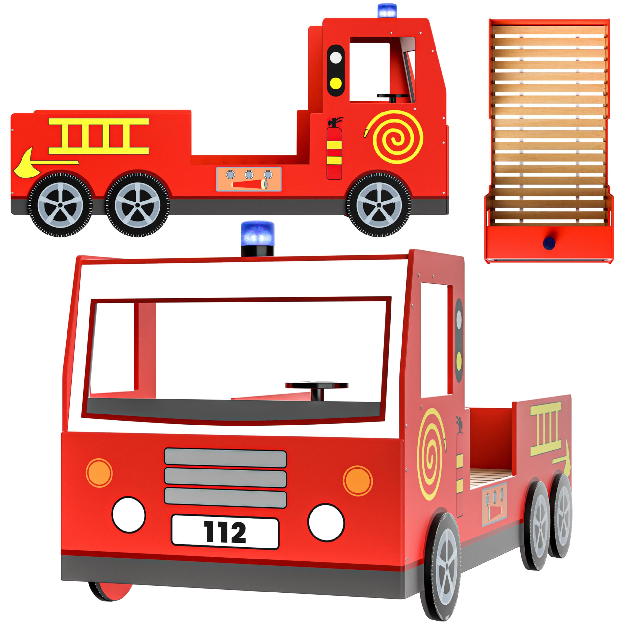 Casaria® Lit Enfant Camion de Pompier 90x200 cm Rouge - Lit Voiture avec Sommier à Lattes Inclus, Barrières Anti-Chute, Gyrophare Lumineux & Volant - Lit Garçon Bois MDF