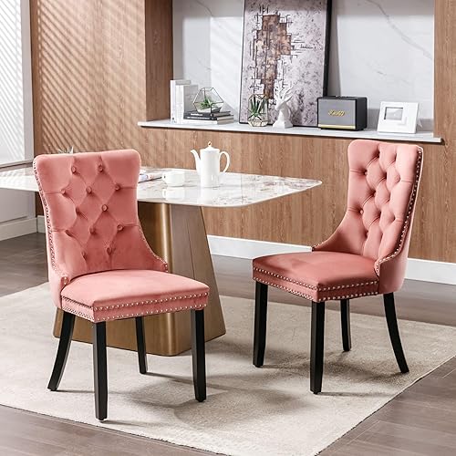 Miniatura 49 de Aoowow Juego de 2 sillas de comedor tapizadas de terciopelo, sillas laterales sin brazos con respaldo de ala, botones y patas de madera maciza para