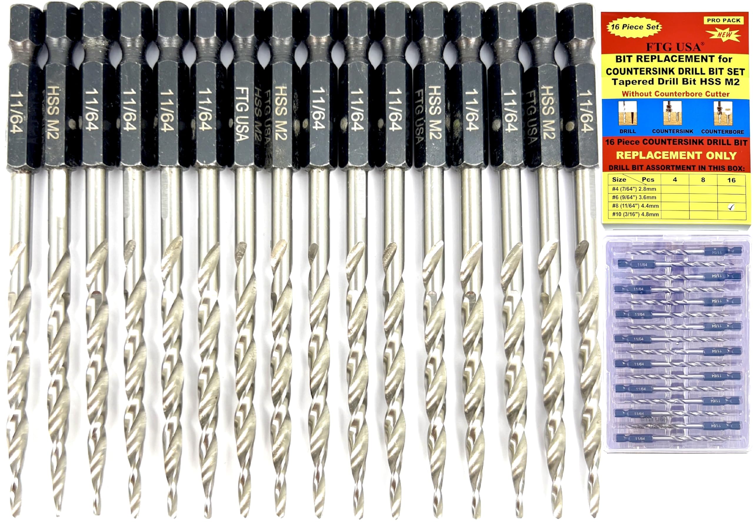 Replacement Tapered Countersink Drill Bit Set 16 Pc #8 (11/64")
