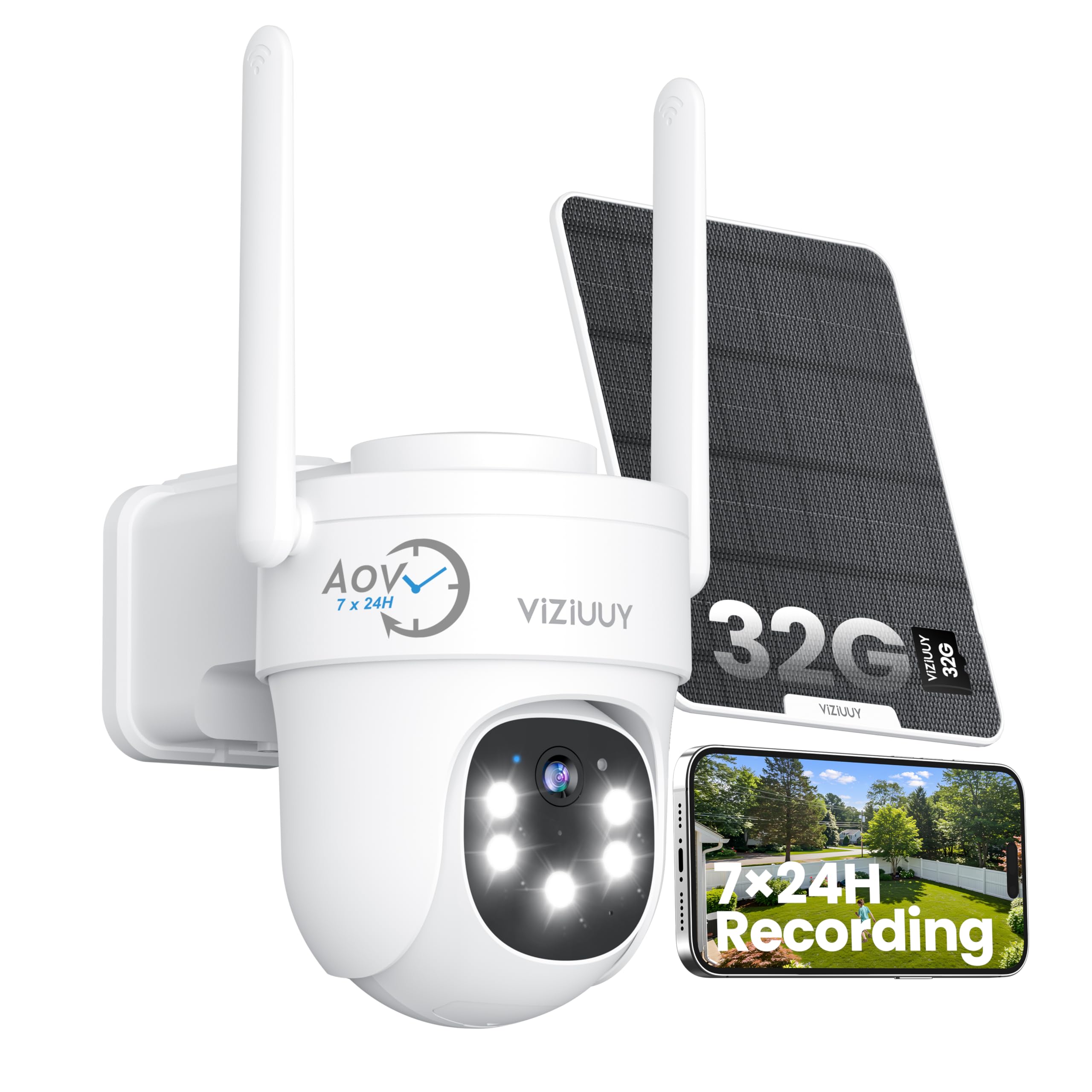 VIZIUUY AOV Security Camera, 24H Continuous Recording Security Cameras Wireless Outdoor, WiFi 6, 2K Solar-Powered Cameras for Home Security with 360° PTZ, Auto Tracking, 32G Local Storage(Included)