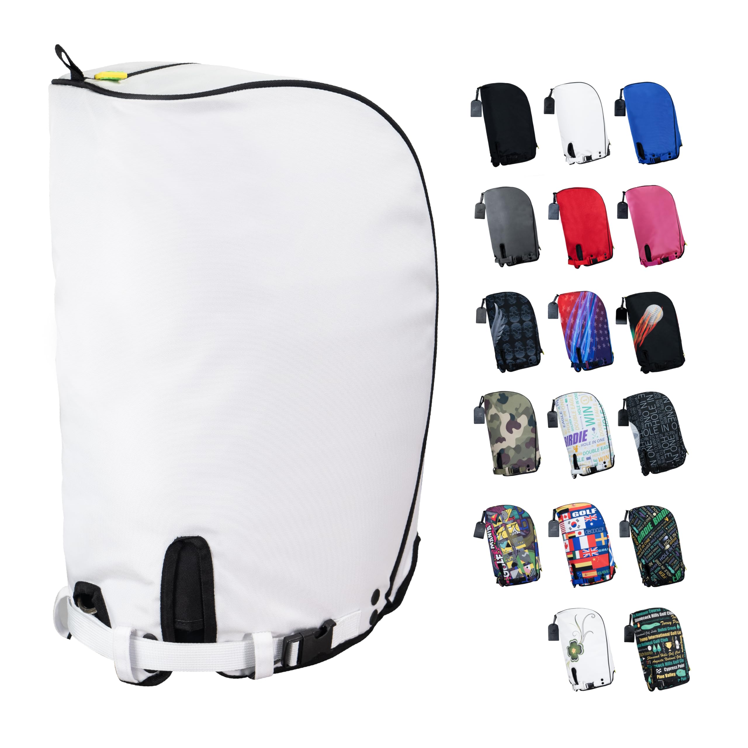 SANDIAN, White Color, Golf Bag Rain Hood Cover, Waterproof 1260D Oxford Polyester, 12x20 Inches, Padded Protection, PU Coated, Two Sided Zipper, Adjustable Buckle Lock Fasteners, Snap Button Locking