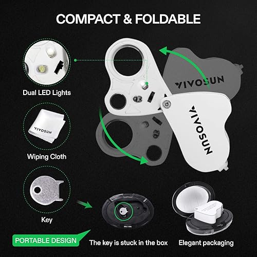 Miniatura 3 de VIVOSUN Lupa plegable de 30 x 60 veces iluminada con luz LED para joyas gemas, relojes, monedas, sellos, antigüedades, blanco