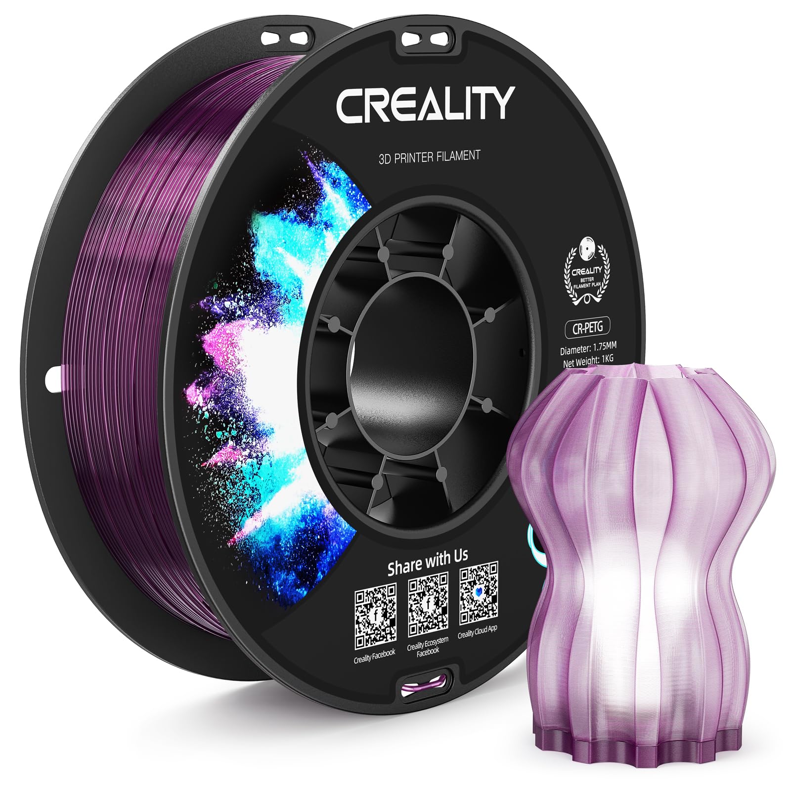 CREALITY PETG Filament 1.75mm 3D Printer Filament, 1kg (2.2lb) Neatly Wound Spool, Dimensional Accuracy ±0.03mm, Fit for Ender, Bambu Lab, ELEGOO FDM Printers, Translucent Purple