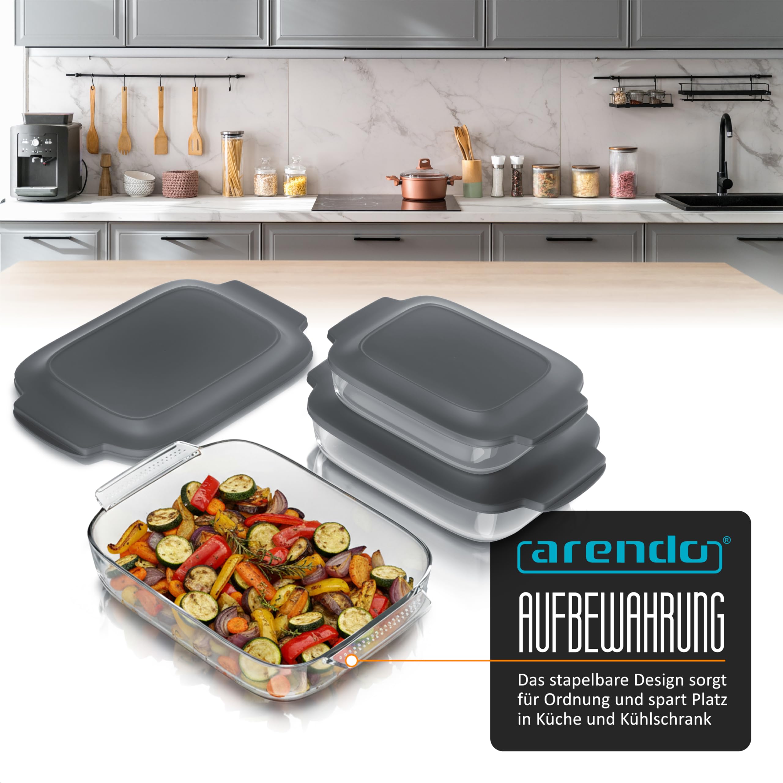Arendo – Auflaufformenaus Glas mit Deckel - 3er Set – Borosilikatglas – rechteckige Glasauflaufformen – hitzebeständig – Ofenfest Mikrowellengeeignet - spülmaschinengeeignet – klein bis groß