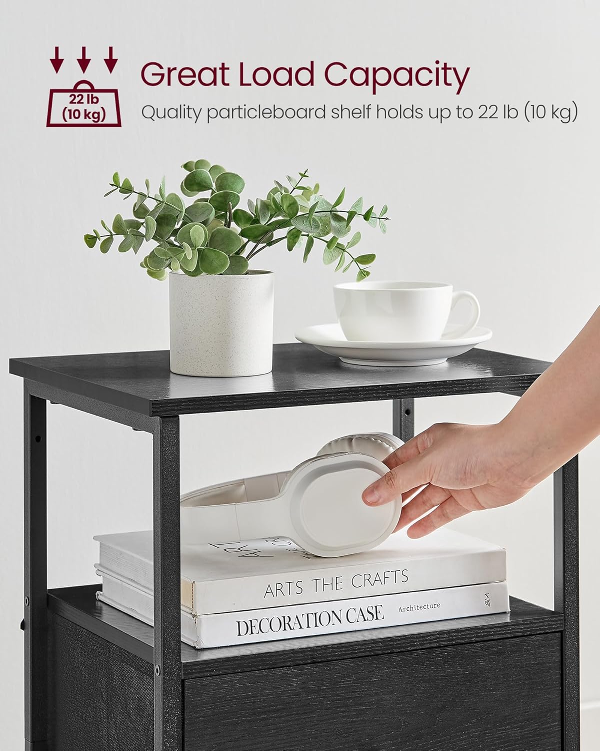 VASAGLE Nightstand Set of 2, Side Tables with 2 Fabric Drawers, 24-Inch Tall End Tables with Storage Shelf, Bedroom, Ash Black and Black ULGS225B21