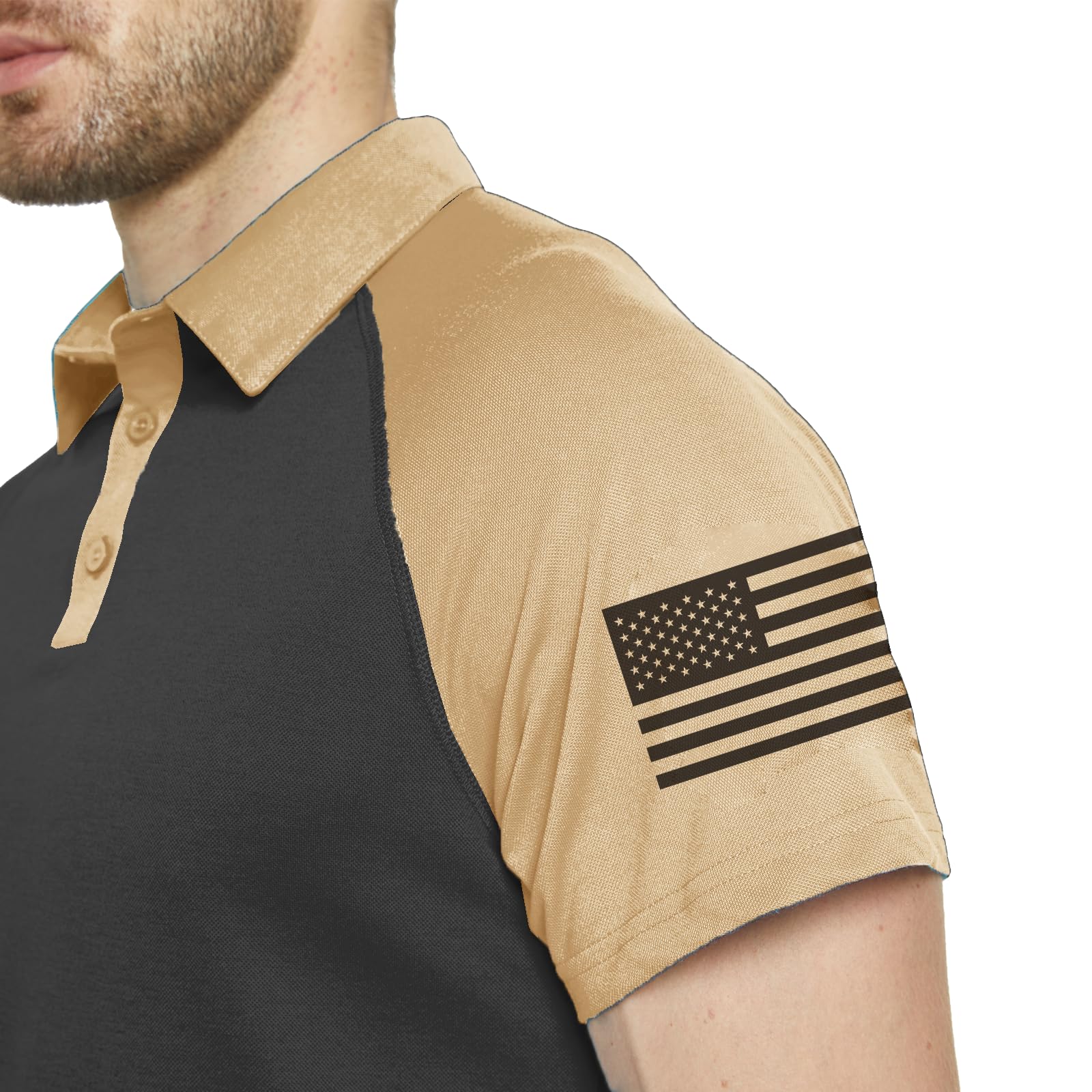 BlackTeak Men's Polo Shirt Short Sleeve Quick Dry American Flag Print Graphic Split Color Golf Shirt for Sport(XLarge, Khaki)