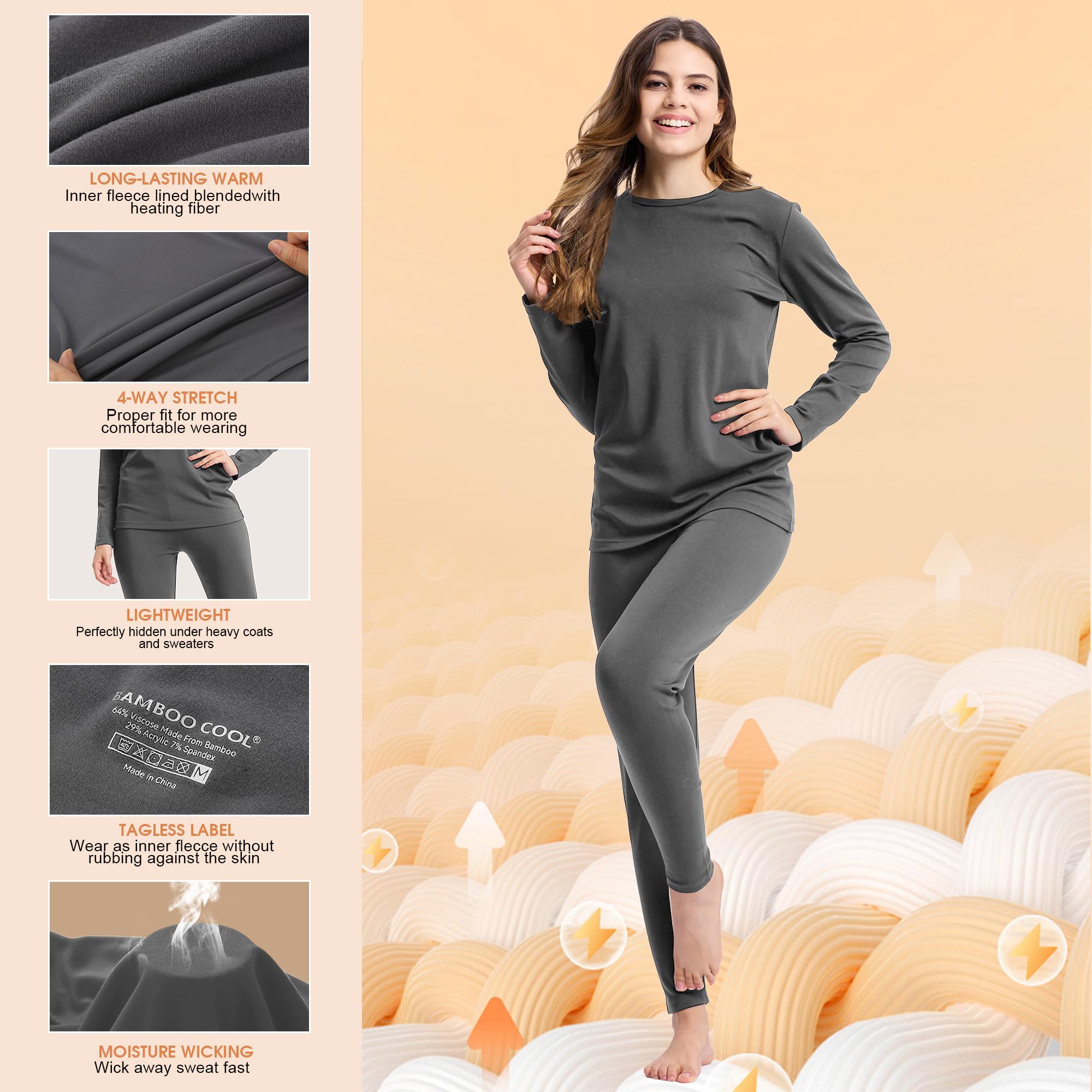 BAMBOO COOL Ropa interior térmica para mujer, monocolor