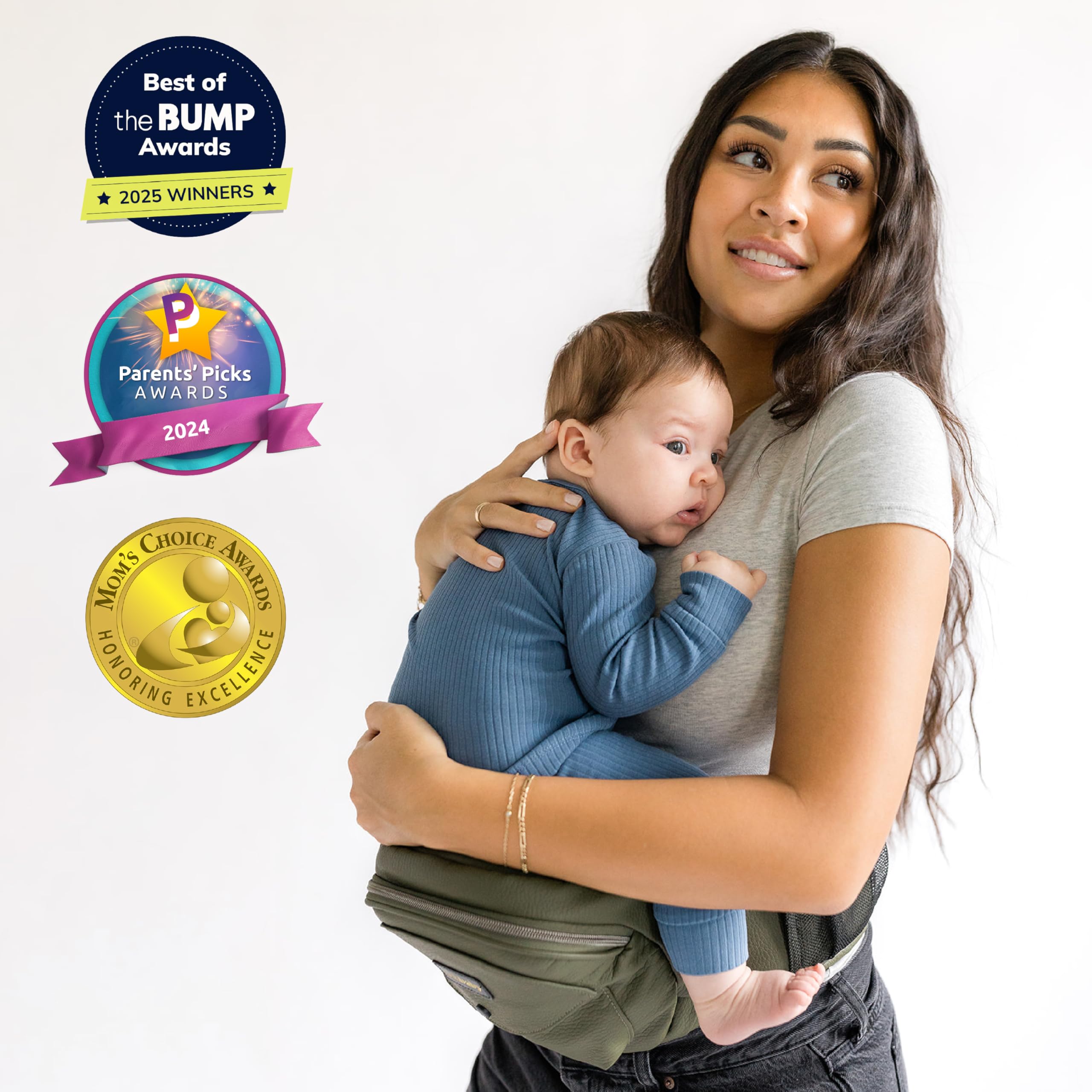 Tushbaby Hip Carrier for Babies & Toddlers (Olive) - Safety-Certified, Machine Washable Child Waist Seat for One Hand Support with Multi-Pocket Storage, 23”- 44” Waist, Holds Kids 0-3 yrs up to 45lbs — view 3