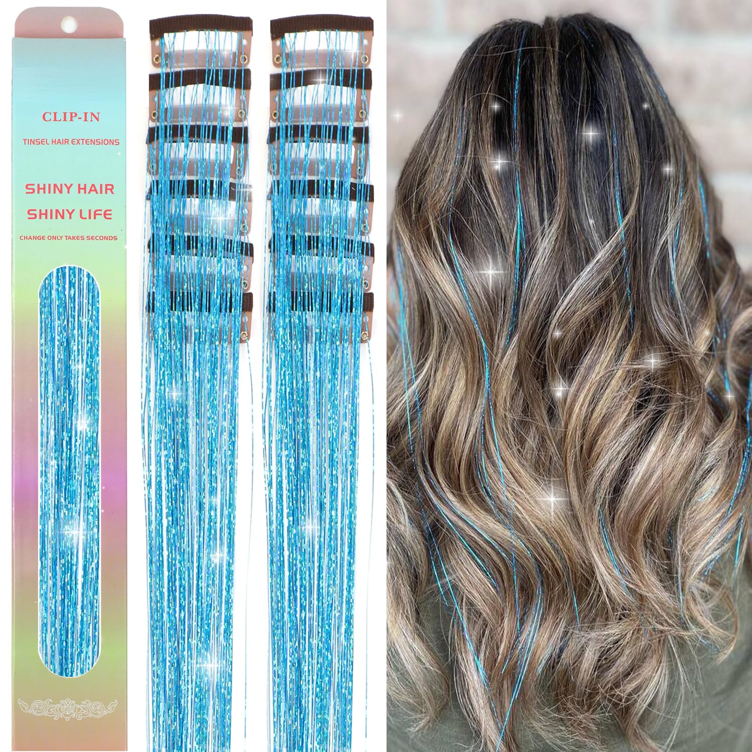 Hair Tinsel 12 Pcs Hair Tinsel Clip in Glitter Tinsel Hair Extensions 23.6Inch Clip in Hair Tinsel Kit Sparkling Fairy Party Festival Hair Accessories for Girls Women Kids (Lake Blue)