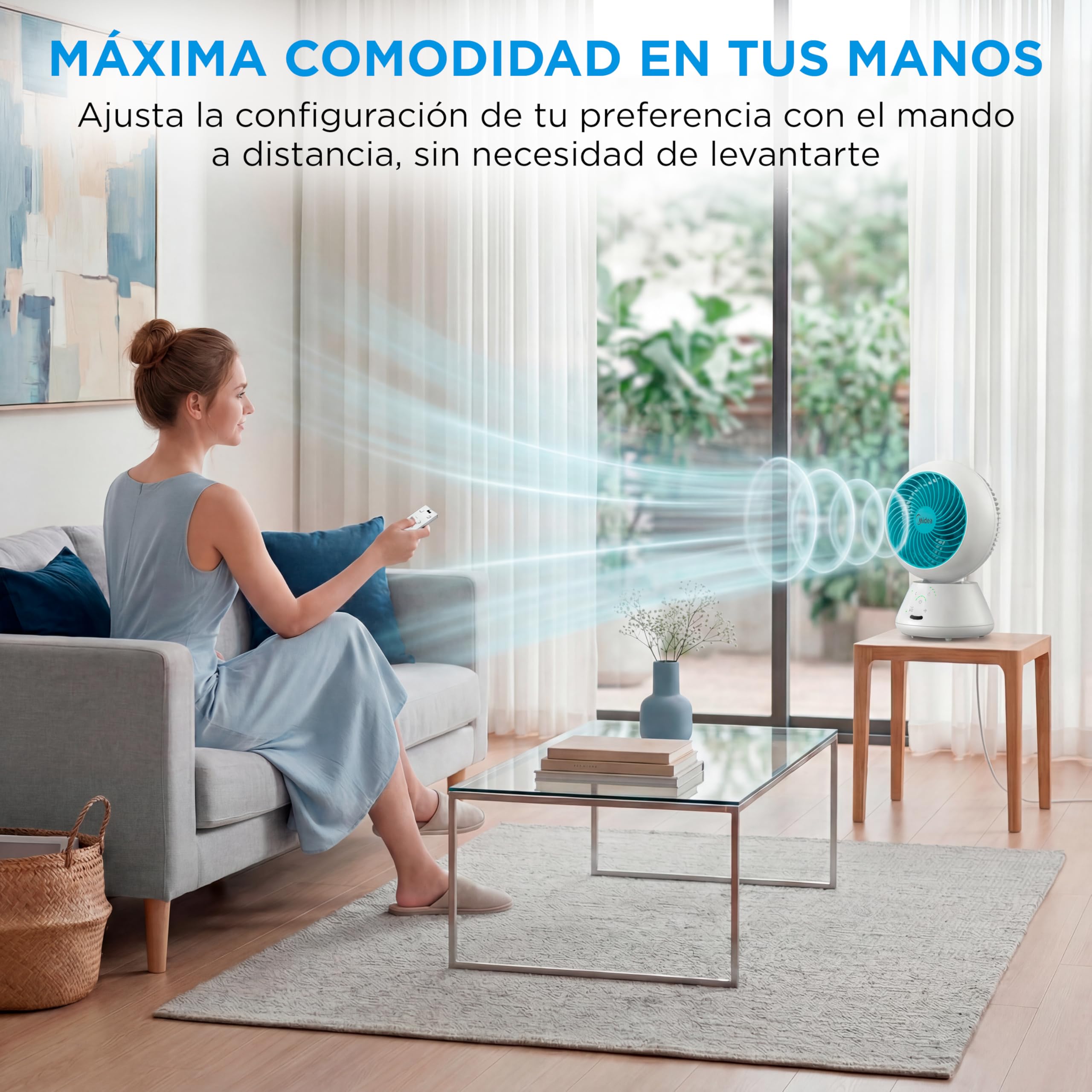 Midea Ventilador de Mesa Silencioso de 5 Velocidades con Mando a Distancia - Ventilador Pequeño Portatil con Oscilación Automática 120º + 105º, Temporizador de 15 horas - Alcance de hasta 15 metros