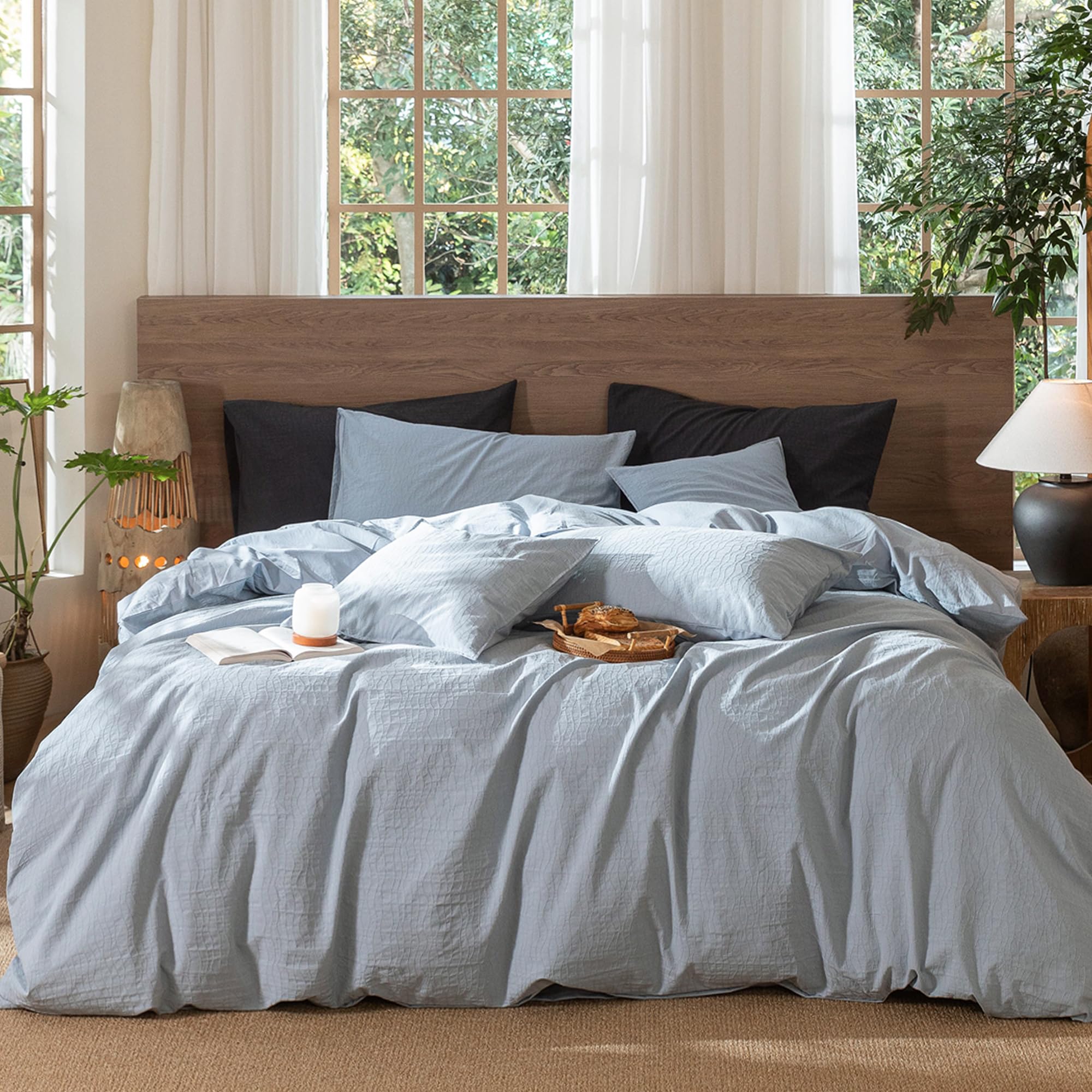 MooMee Jacquard Duvet Cover Set 100% Washed Cotton Linen Like King