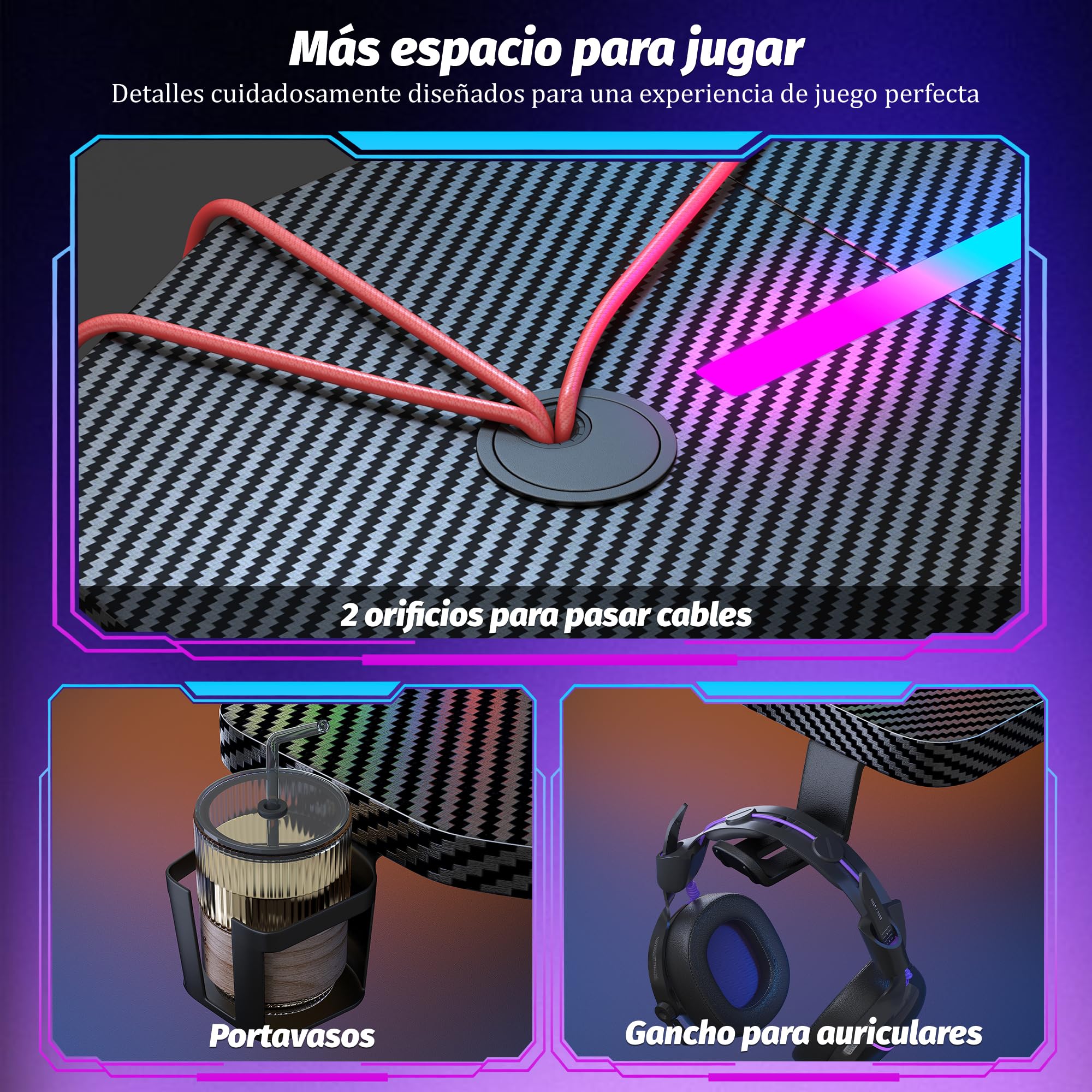 Escritorio Gaming LED 100 x 60 cm, Mesa de Ordenador con Banda RGB, Escritorio Gamer de Fibra de Carbono Ergonómicas, con Portavasos y Gancho para Auriculares, Negro