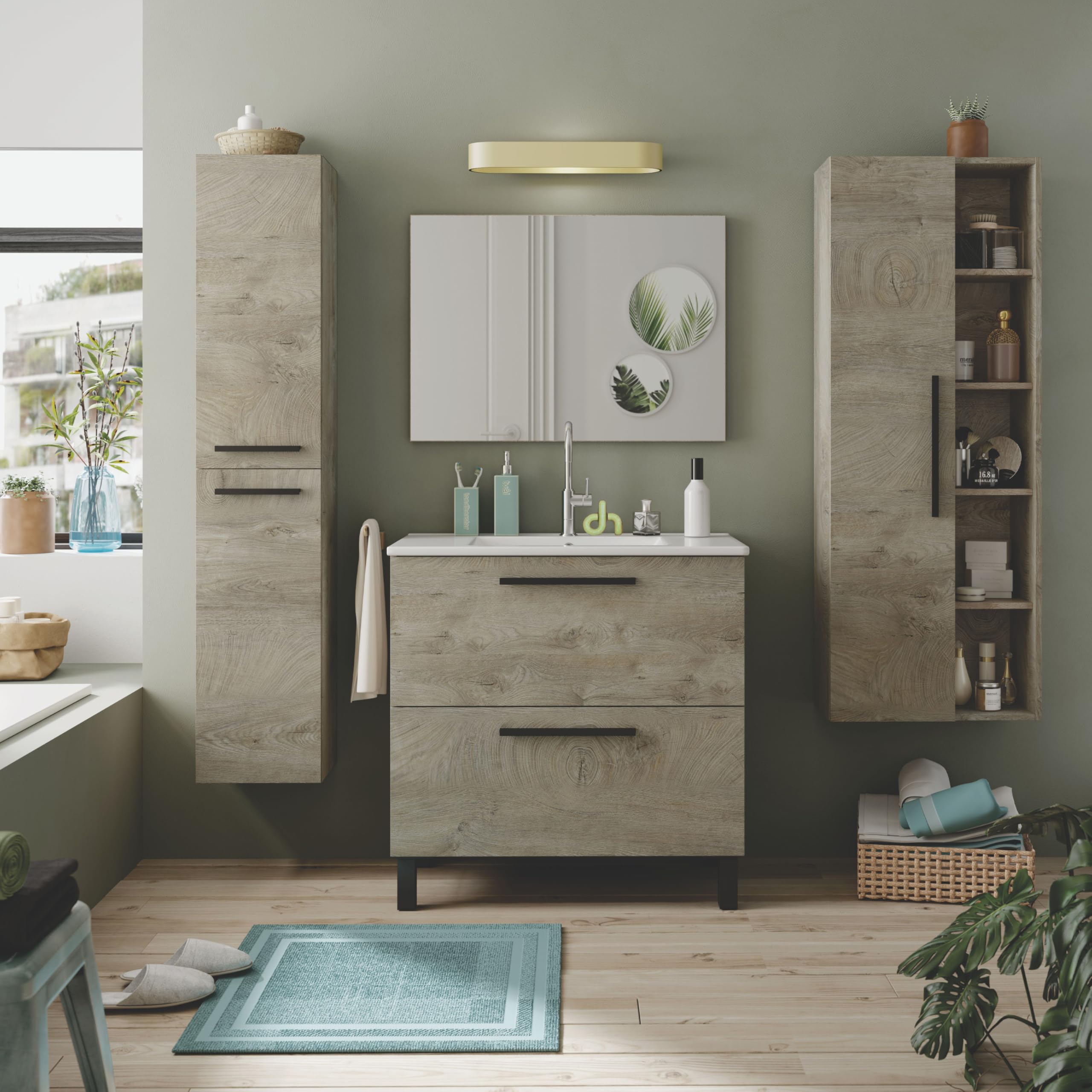 duehome | Mueble de Baño con 2 Cajones y Espejo, Modulo Lavabo, Modelo Sense, Acabado en Roble Alaska, Medidas: 80 cm (Ancho) x 80 cm (Alto) x 45 cm (Fondo)