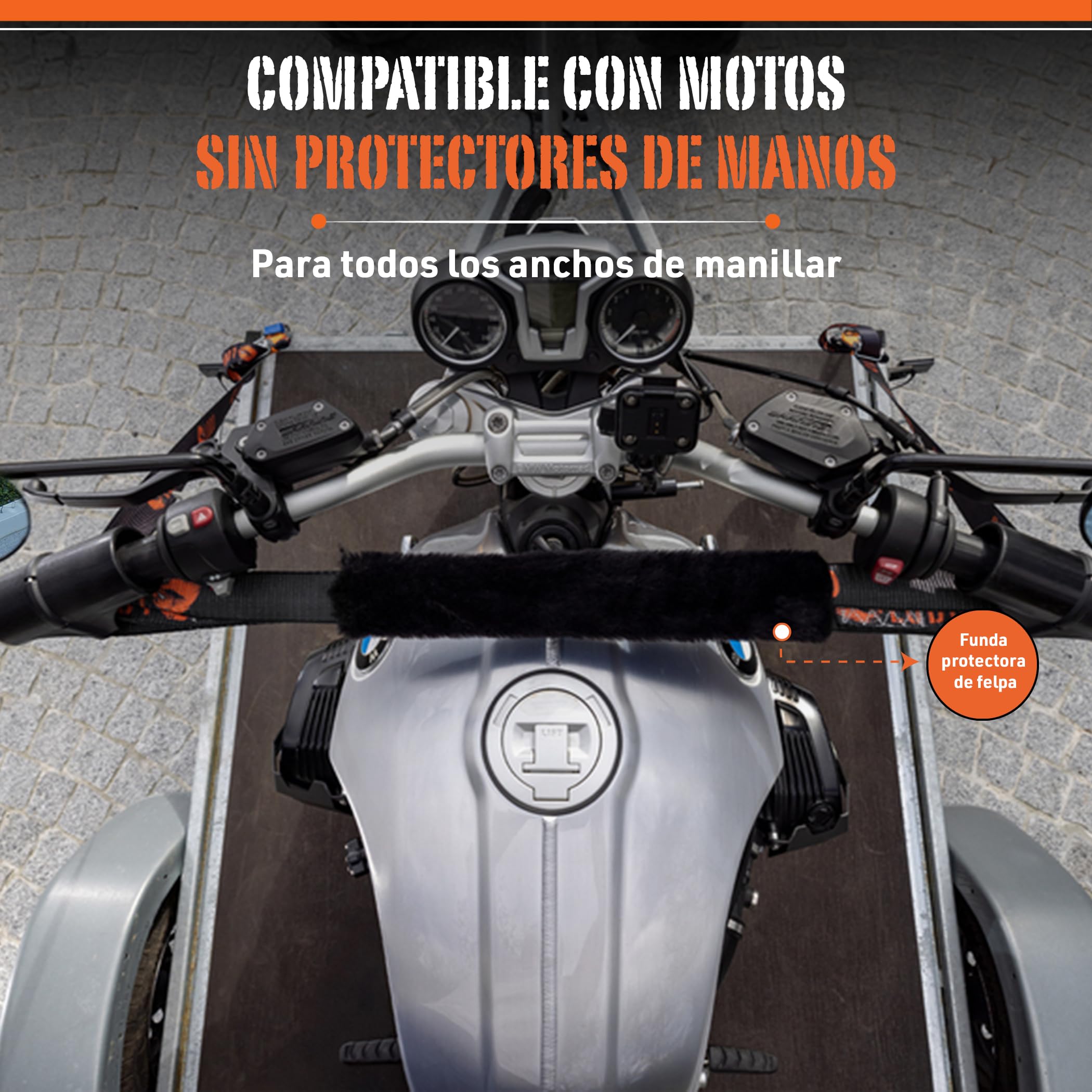 LODD – Correas Moto, Anclaje al Manillar con Manguitos Compuestos Reforzados, Carraca Ultrarresistente, 38 mm, 1.500 kg, Mosquetones de Acero, Remolque, Carretera y Deportivas – Maletín Incluido