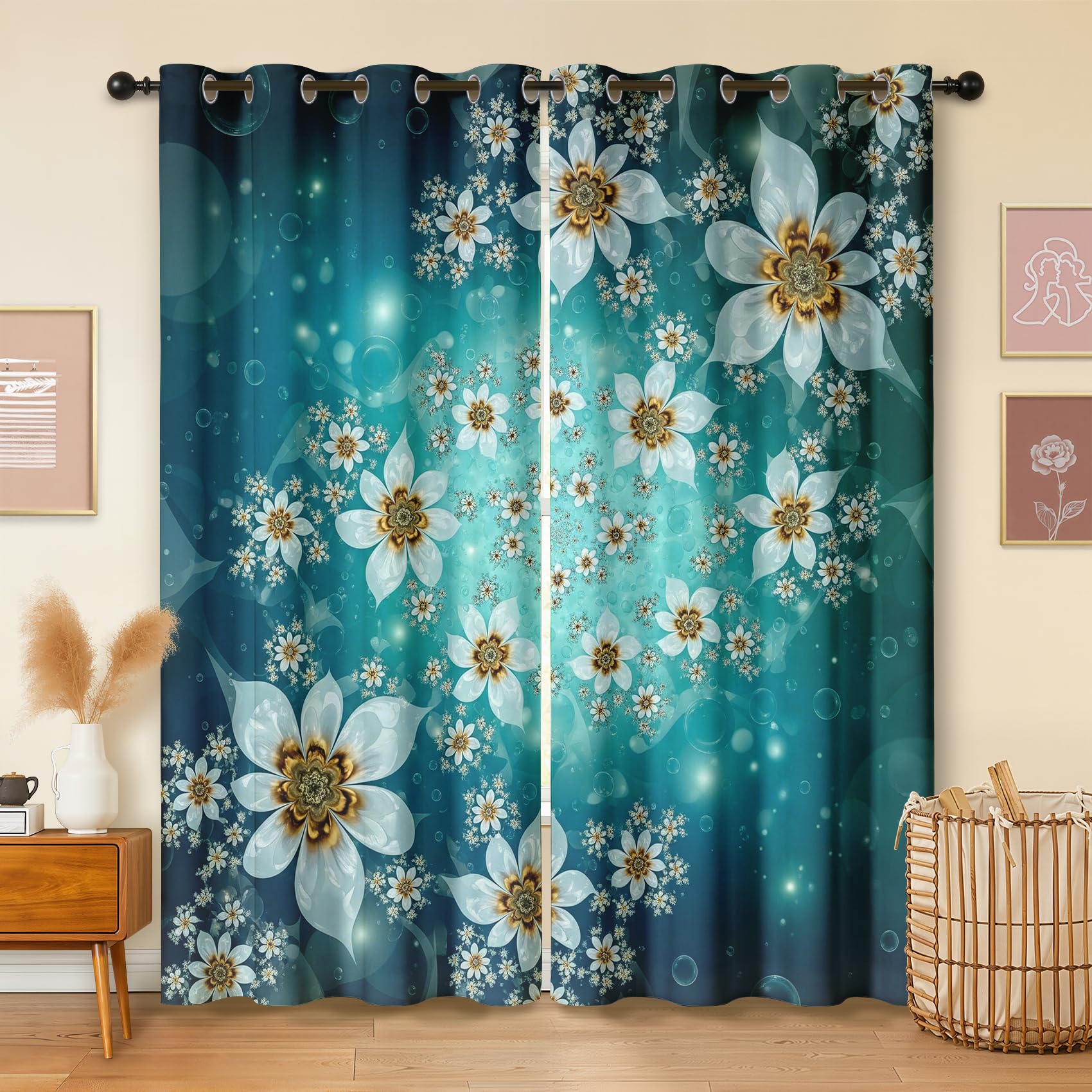 Türkis 3D Blumen Vorhänge Blickdicht mit ösen Fantasie Mädchenzimmer Gardinen Wohnzimmer Verdunklungsvorhänge für Schlafzimmer Fenster Vorhang 137 cm Lang 2er Set