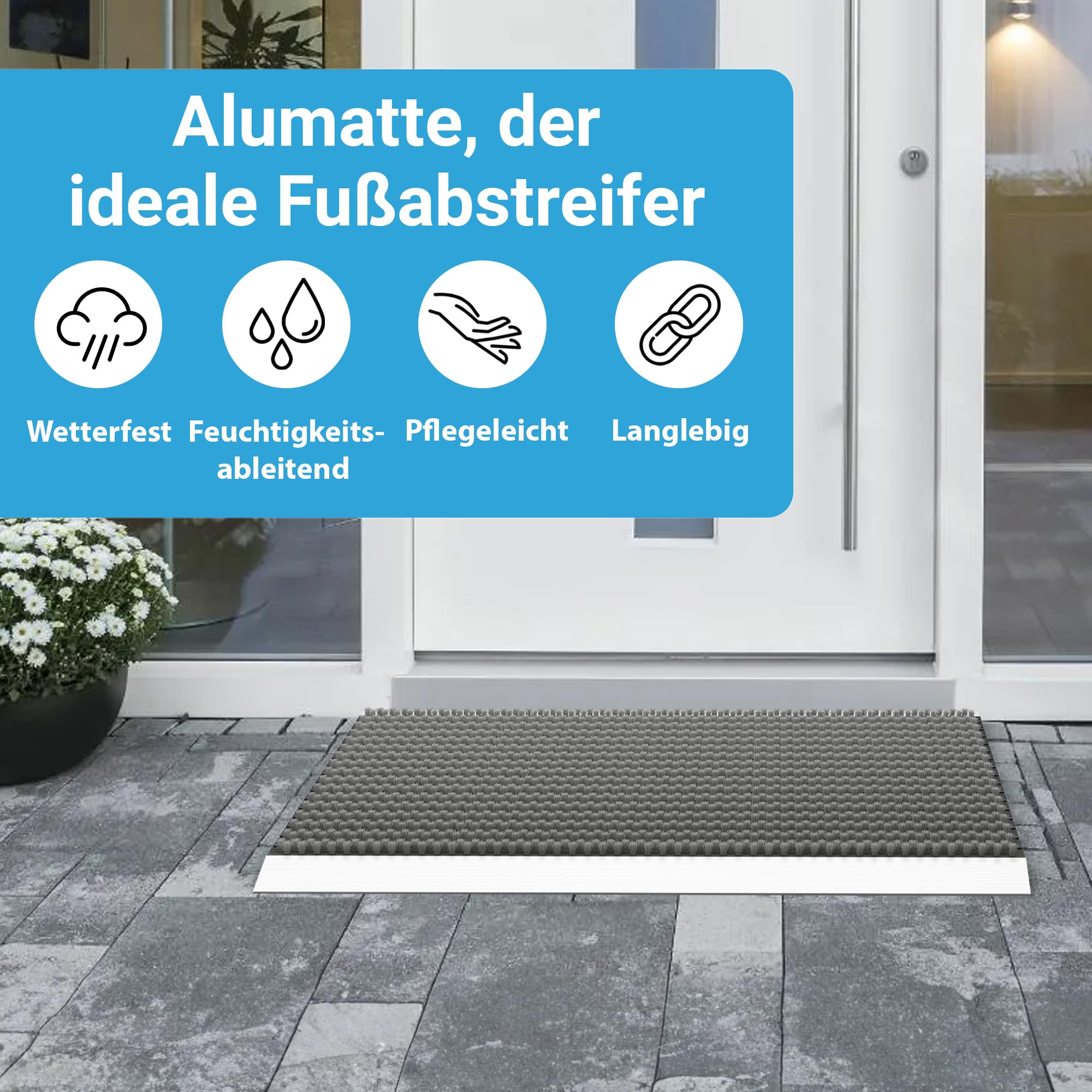 Fußmatte außen alu mit Bürsten grau, Schmutzfangmatte 40 x 60 cm, Fußmatte Aussenbereich, Aluminium Türmatte außen, Fußabtreter außen, Schuhabstreifer Hauseingang, Bürstenmatte outdoor, Abtreter