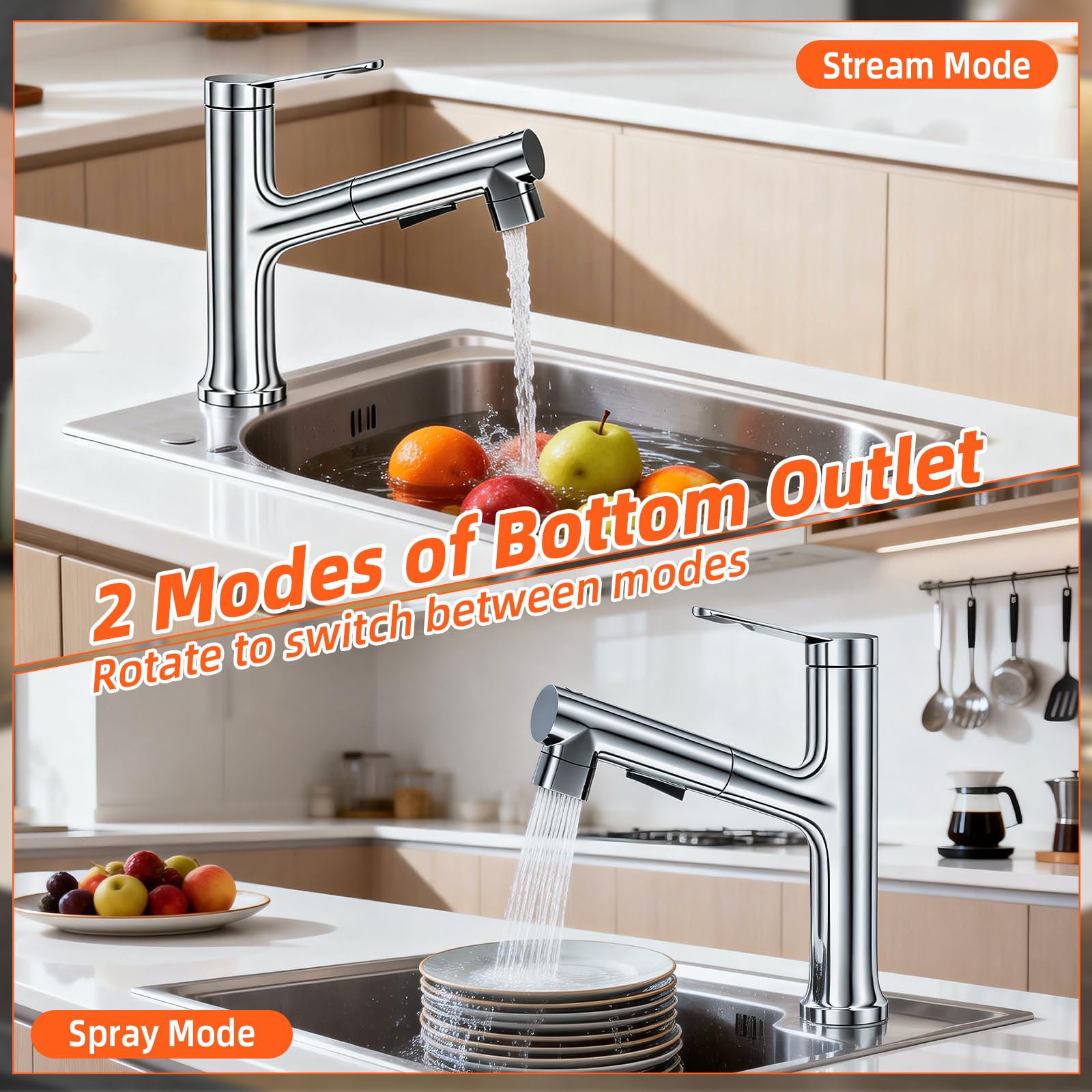 Robinet Salle Bain, Mitigeur Lavabo Anti-Rouille Avec Douchette Extractible 60 Cm, Robinet Lavabo Haut Laiton En 3-En-1, Mitigeur Salle De Bain Cuisine Évier, Accessoires Inclus, Chrome