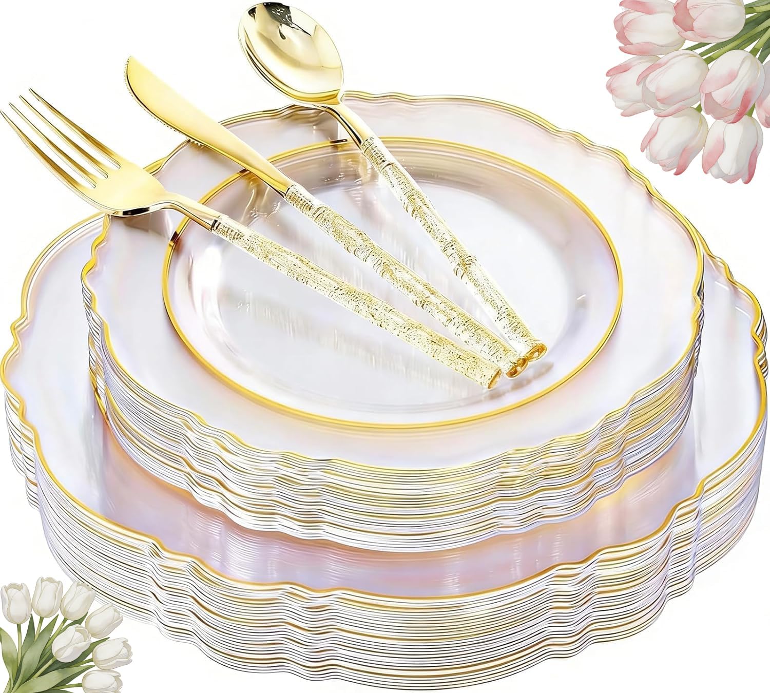 Liacere 150PCS Clear Gold Plastic Plates - Disposable Plastic Silverware with Glitter Bamboo Handle Cutlery-Baroque Clear Gold Disposable Plates for Wedding & Party & Mother's Day