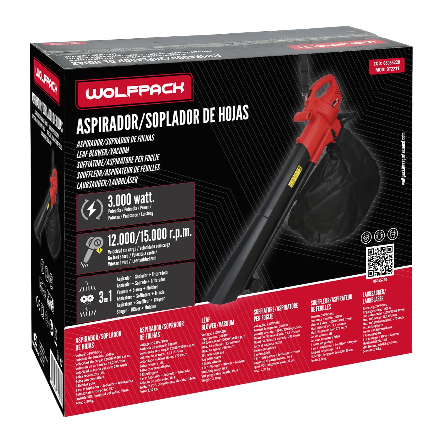WOLFPACK LINEA PROFESIONAL Aspirador Soplador Electrico De Hojas Jardín 3.000 Watt. Velocidad Aire: 270 Km/h. Aspirador/Soplador/Triturador Des Hojas