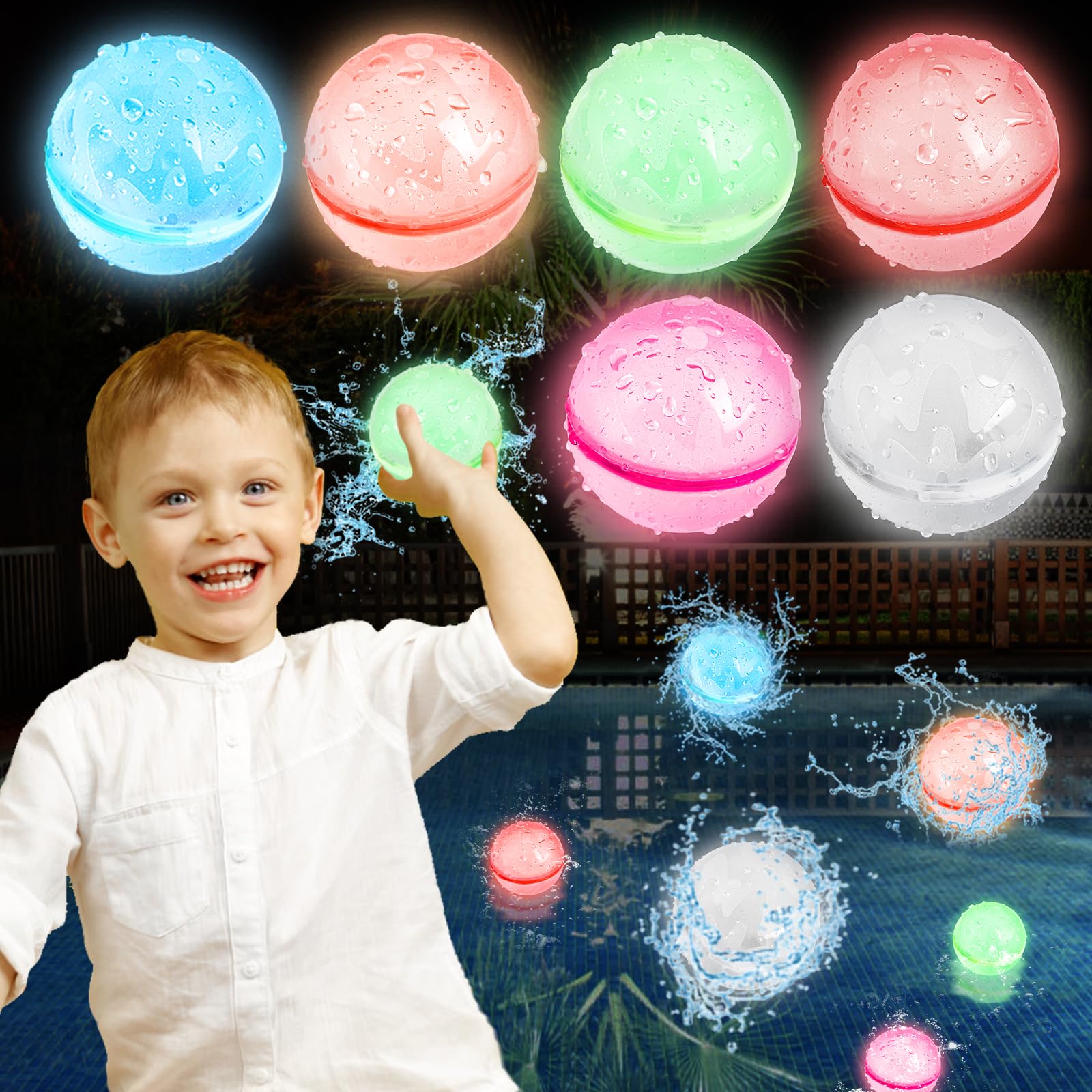 JONRRYIN Globos de Agua, Globos de Agua Reutilizables Luminoso, Autosellante Globos Agua para Niños y Adultos, Juguetes Acuáticos de Verano en Jardín Piscina Playa Fiestas (6)