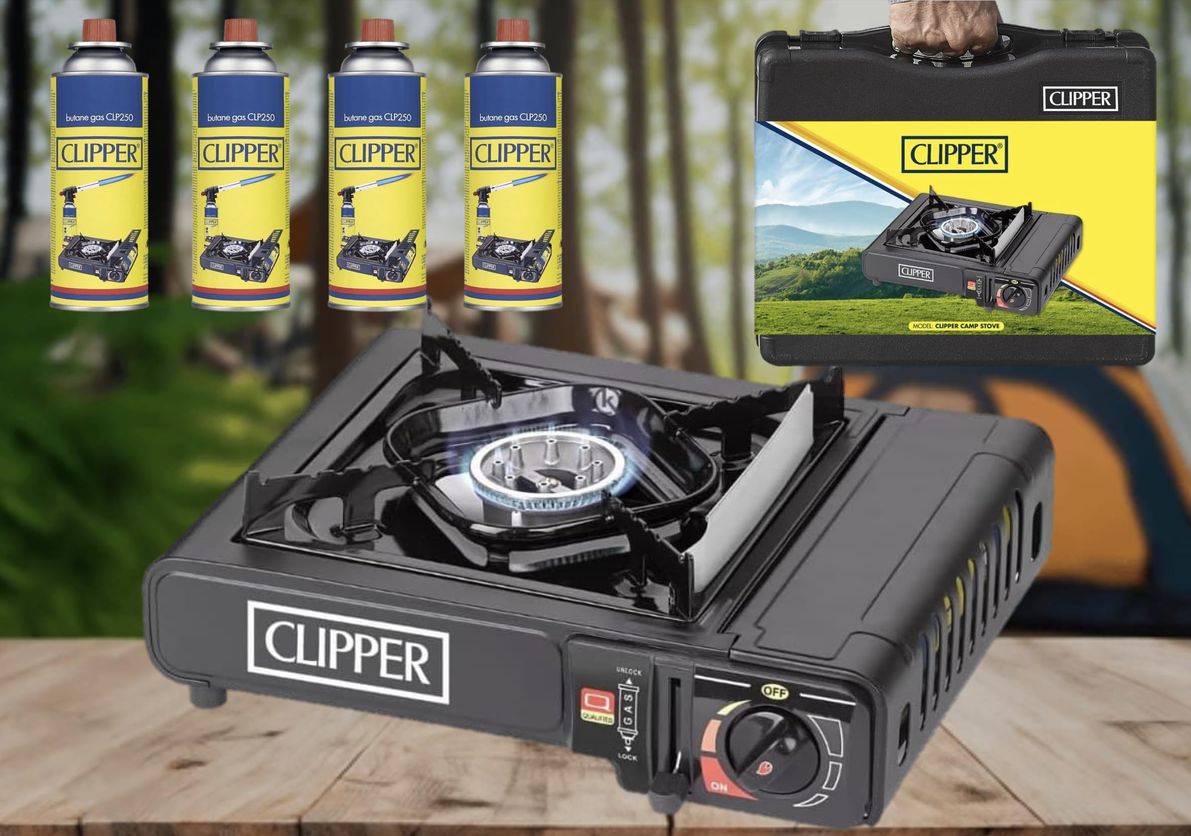 Genuine CLIPPER Brand Camping Stove + 4 Butane Gas | Premium Camping Stove Gas Portable for Outdoor Grill,Fishing, Camping & BBQ Gas Canisters for Camping Stove with Light Carry Case + 4 Butane Gas V1
