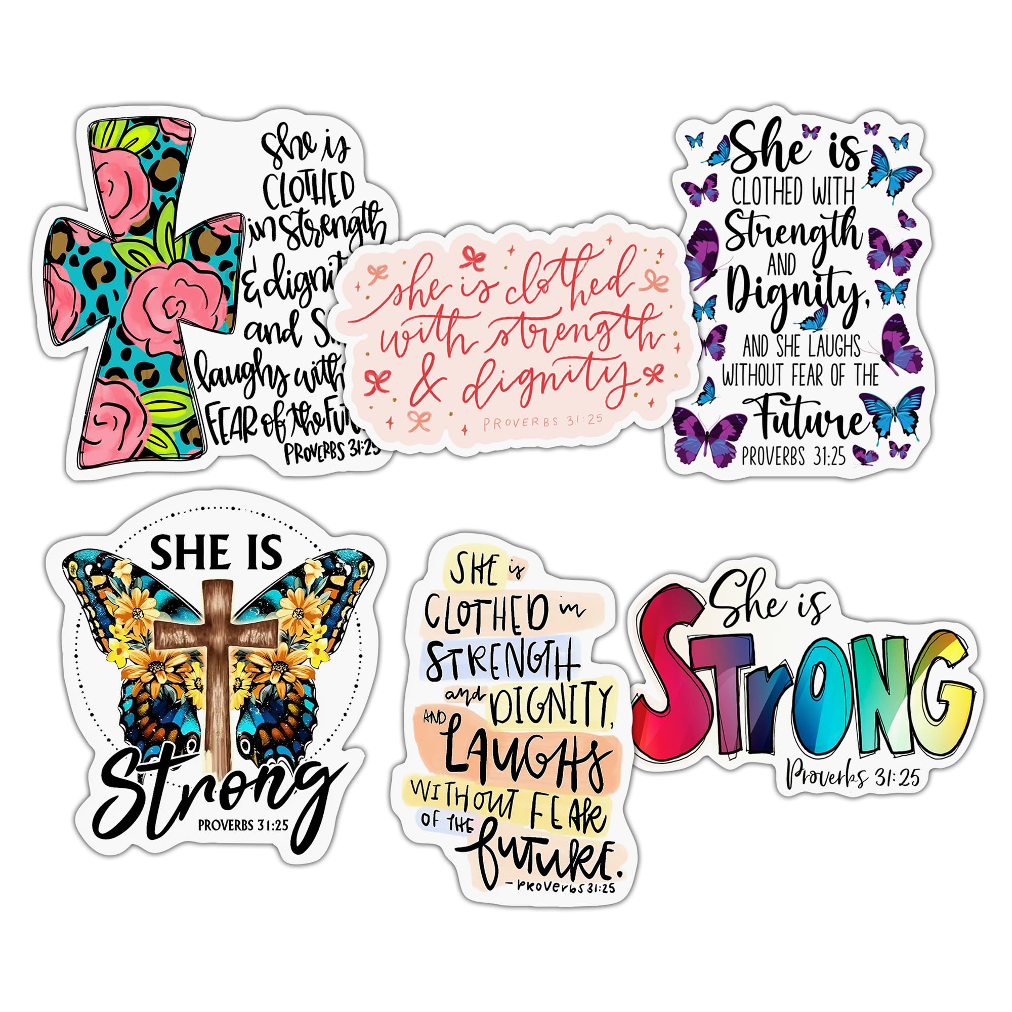 Pack of 6 Proverbs 31:25 Stickers – She is Clothed with Strength and Dignity Bible Verse – Christian Faith Waterproof Vinyl Decals – Inspirational