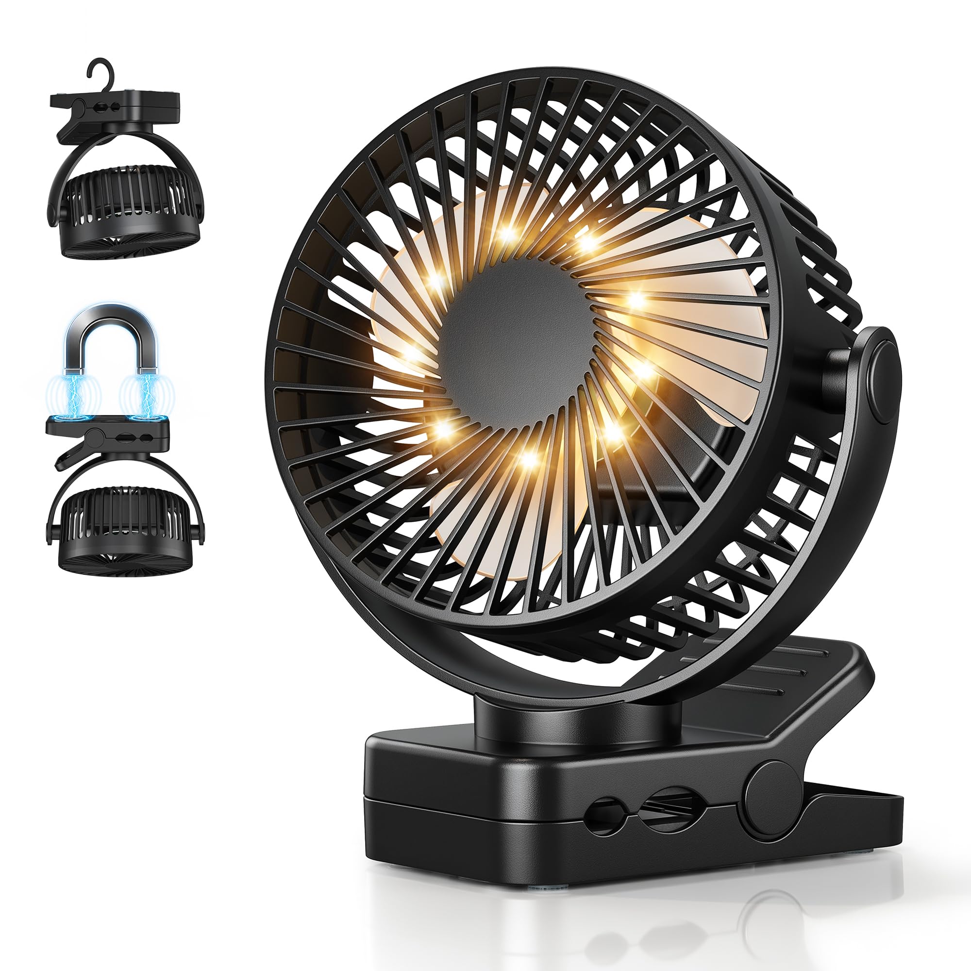 USB Ventilador Portátil Recargable 12000mAh 4 en 1 Ventilador Mesa Pinza Magnético con Mando 3 Velocidades Luz LED Temporizador 360°, Ventilador Sobremesa para Coche Camping Carro Bebé, Negro Global Recycled Standard Global Recycled Standard Global Recycled Standard