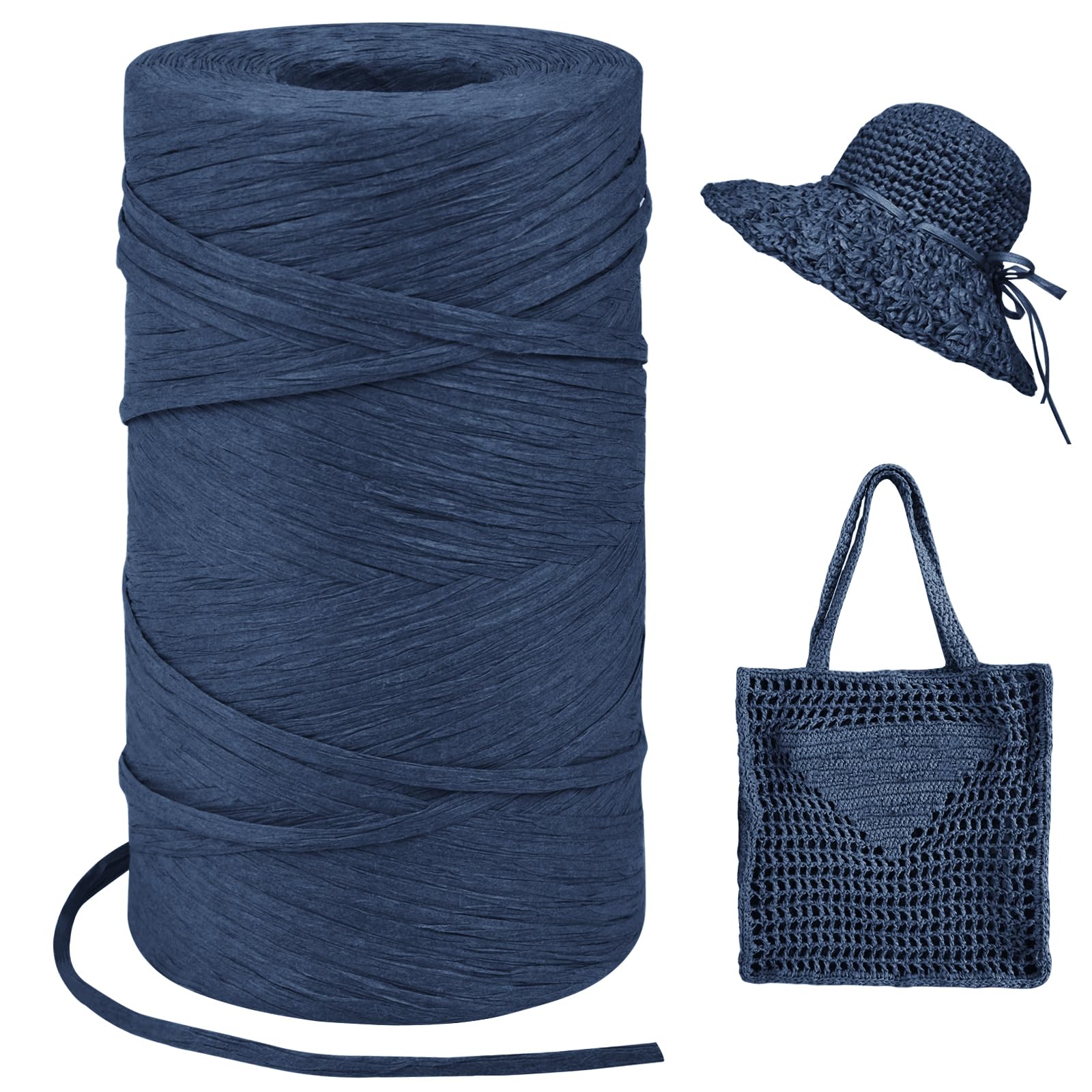 LEREATI Dark Blue Raffia Yarn for Crochet Bags 3mm x 300m Flat String Raffia Ribbon for Gift Wrapping Raffia Paper Ribbon Yarn for Crocheting Sun Hat Bag