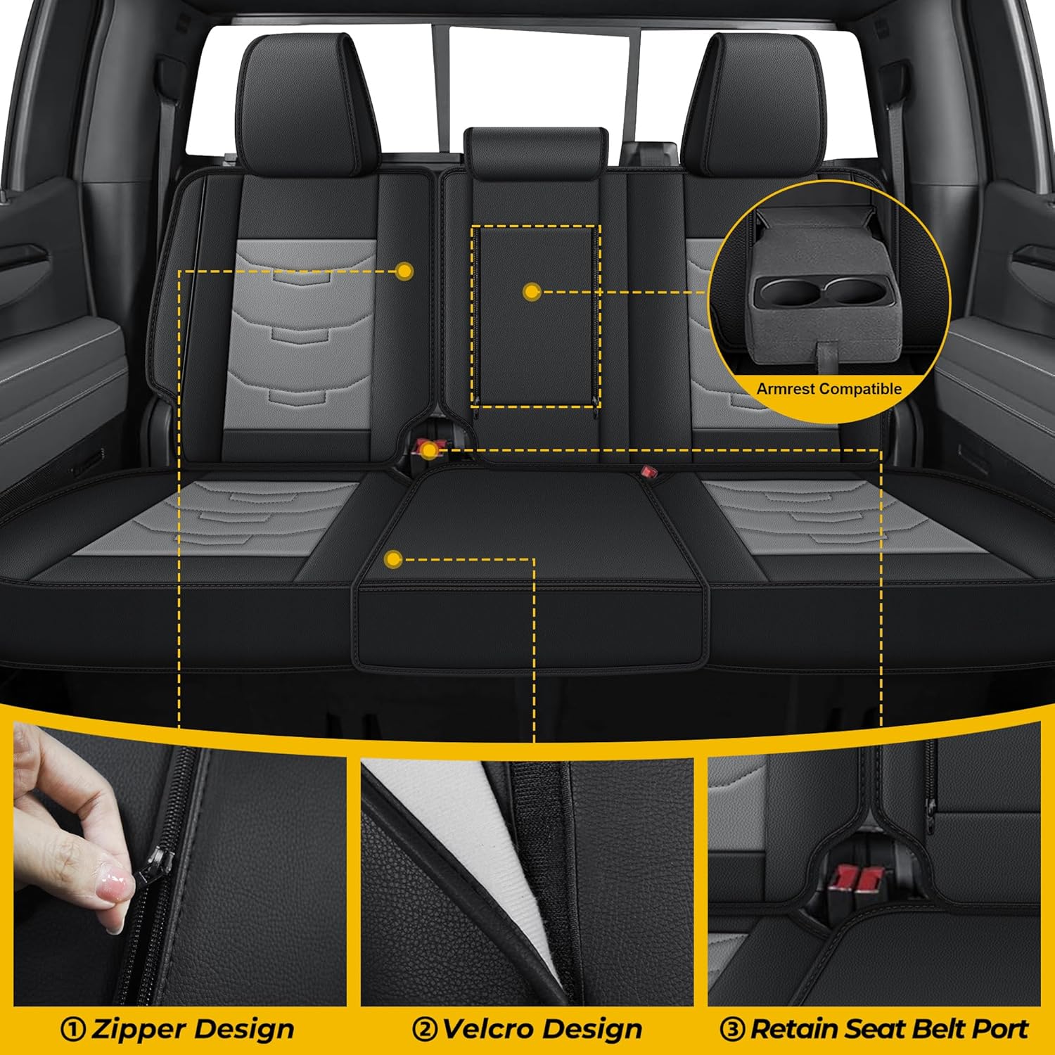 Chevy Chevrolet Silverado Seat Covers GMC Sierra 2007-2026 1500 2500HD 3500HD Trail Boss Z71 Crew Double Extended Cab Waterproof Leather Trucks Seat Covers (Full Set, Black&Gray)