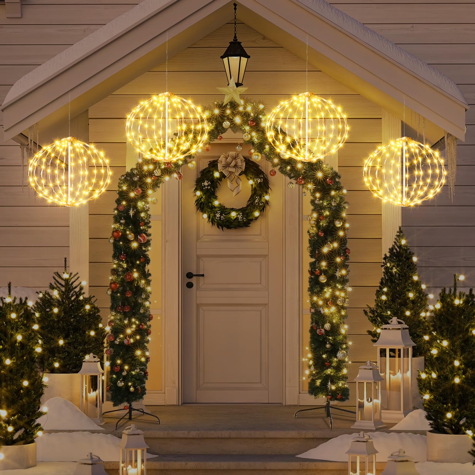 AGOTD Iluminación navideña para exteriores con corriente, 4 unidades de 30 cm de bolas colgantes con temporizador, 8 modos, blanco cálido, decoración navideña al aire libre, bolas luminosas para