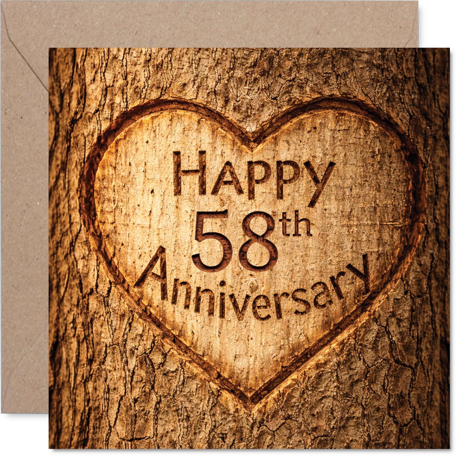 Heartfelt 58th Anniversary Card, Rustic Charm with a Carved Heart