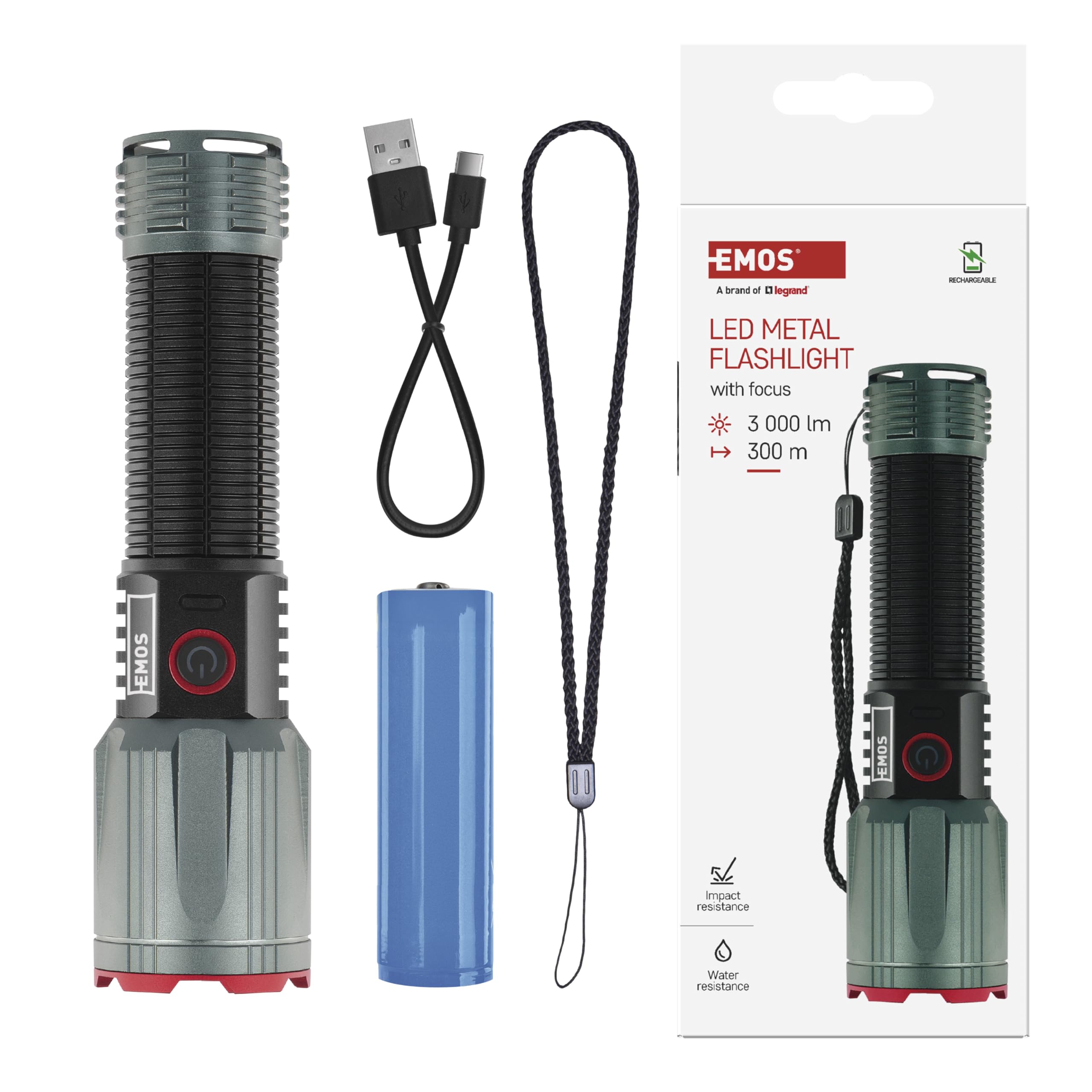 EMOS - LED-Metall-Taschenlampe mit Akku, Boost-Funktion, Powerbank und Zoom - wiederaufladbar, stoßbeständig, wasserdicht - superhell 3000lm, 300m - Handschlaufe - für Innen und Außen - schwarz-grau