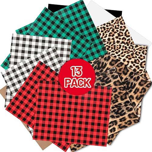 HTVRONT Christmas HTV Buffalo Plaid HTV Vinyl - 13 Sheets Heat Transfer Vinyl Leopard HTV - Plaid Iron on Vinyl for Cameo,Easy to Cut & Weed for Heat Vinyl Design
