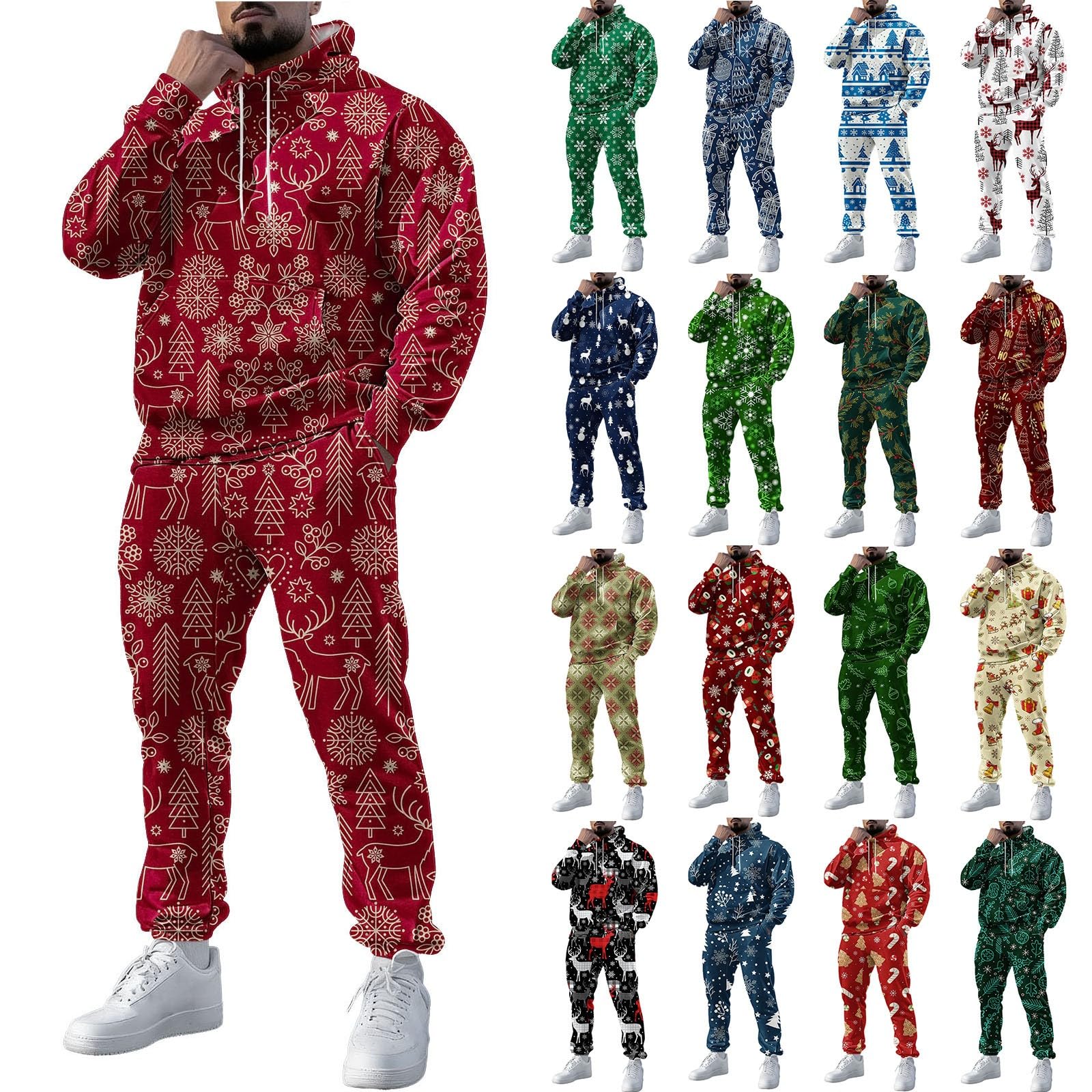 2 szt. męskie kostiumy świąteczne renifer choinka dres plus size świąteczny kombinezon z kapturem i spodnie dresowe zestaw do biegania wakacje siłownia odzież sportowa ubrania