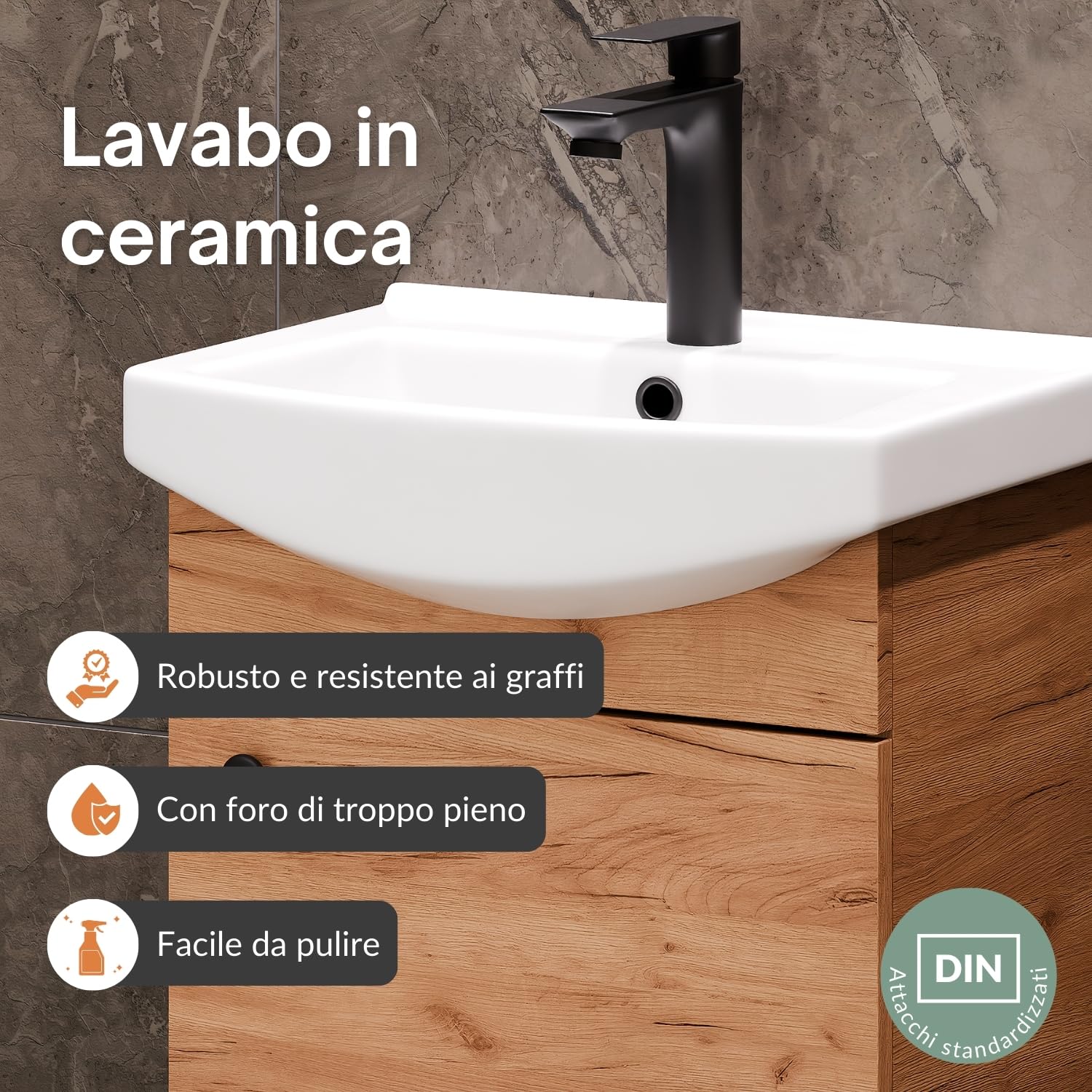 Planetmöbel Set di mobili da bagno lavabo con mobiletto 45 x 60 x 33 cm, specchio con illuminazione 50 x 90 cm per WC ospiti, rovere oro