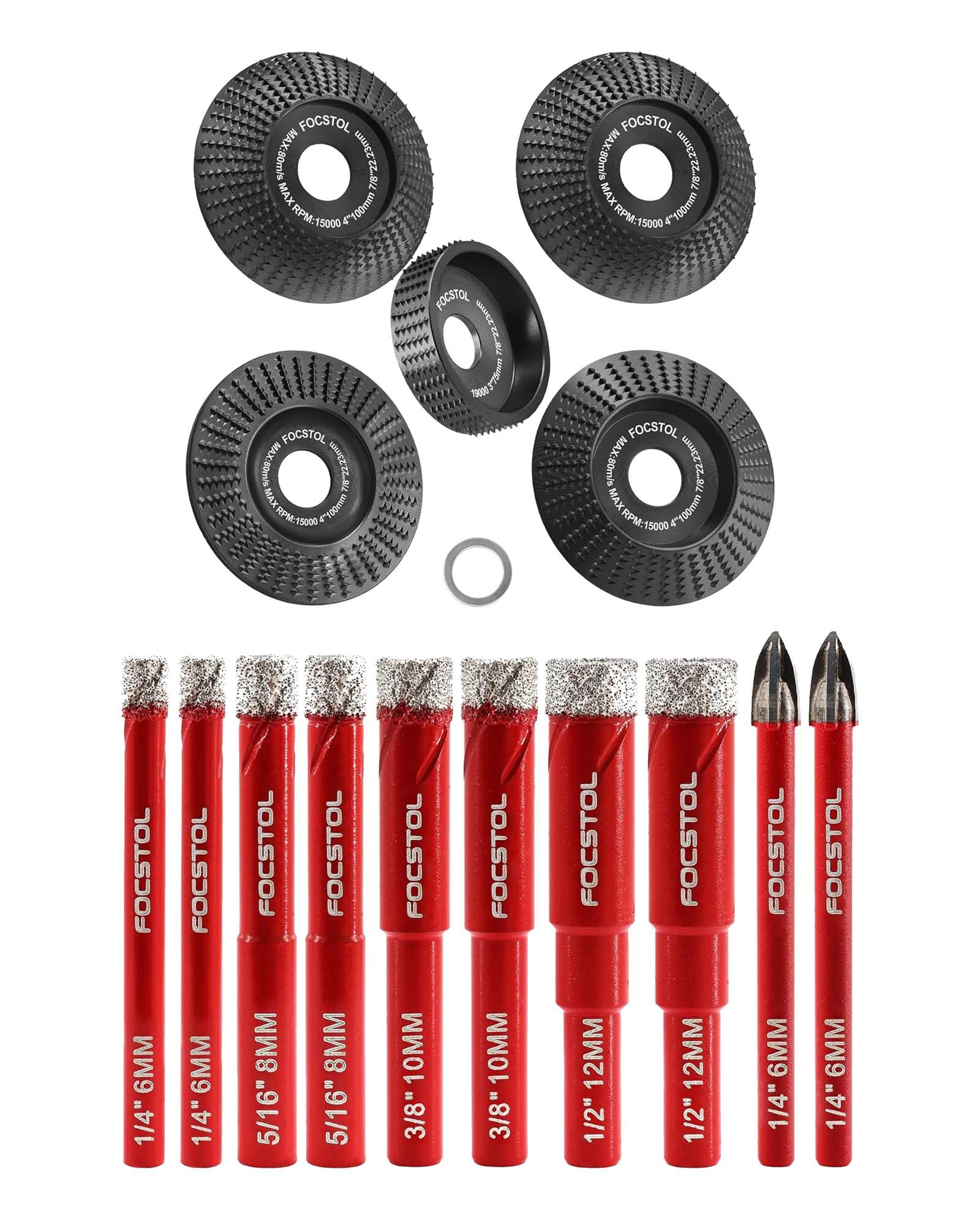 FOCSTOL Set Punte Trapano Diamantate 10 pezzi (6mm*2+8mm*2+10mm*2+12mm*2+6mm*2) e Intaglio Legno Mola Disco 5 pezzi (4 pezzi 100mm+1pezzo 75mm)