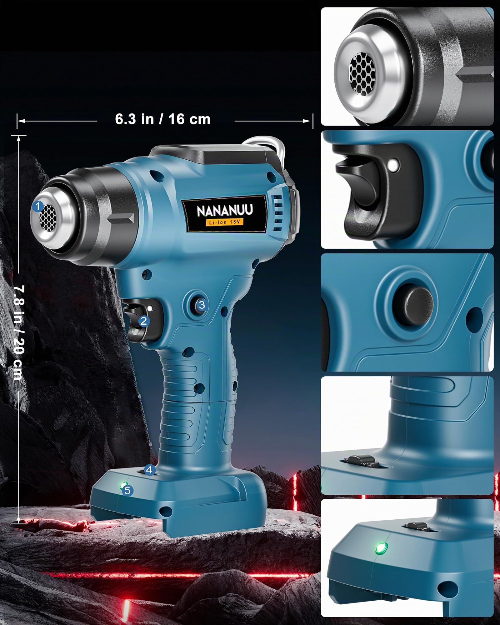 Décapeur Thermique Sans Fil 18 V compatible avec Bosch (piles non incluses), Pistolet Thermique Alimenté par Batterie, Température Réglable Jusqu'à 550°C, comprend 4 Buses en acier Inoxydable