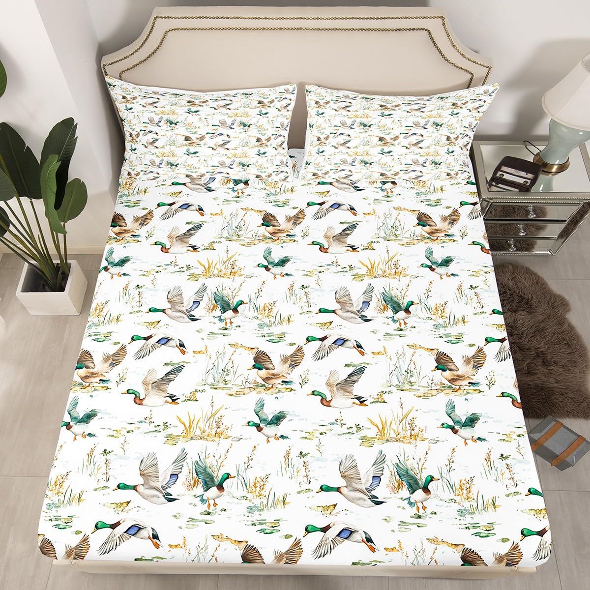 Homewish Wild Mallard Ducks - Juego de sábanas para cama de matrimonio y cabaña, diseño rústico de animales del bosque, caza y pesca, 4 piezas