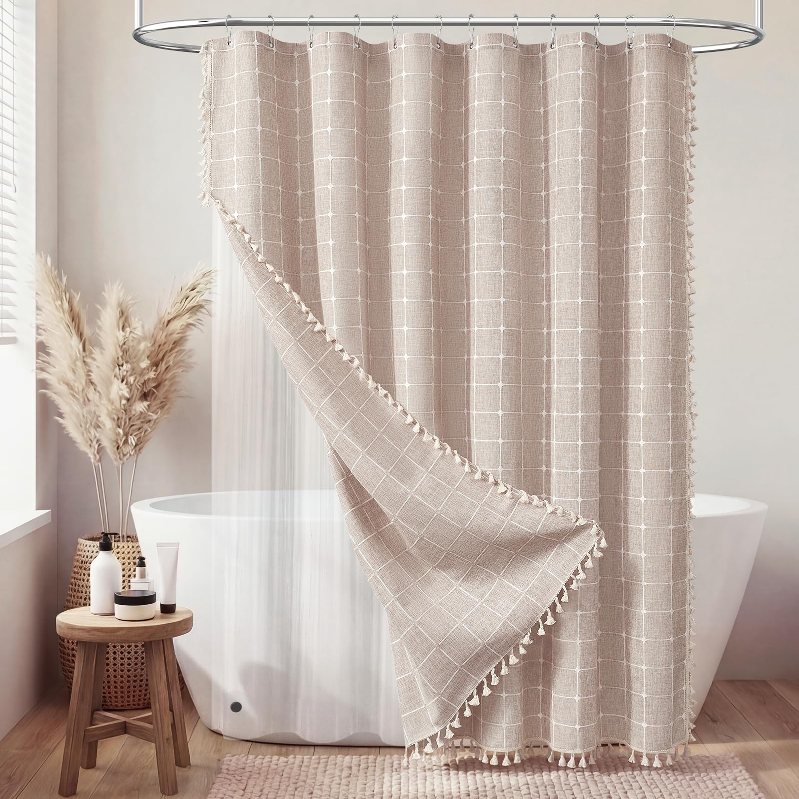 BTTN Taupe 3-in-1 Boho Linen Heavy Duty Shower Curtain with Liner, 72x72