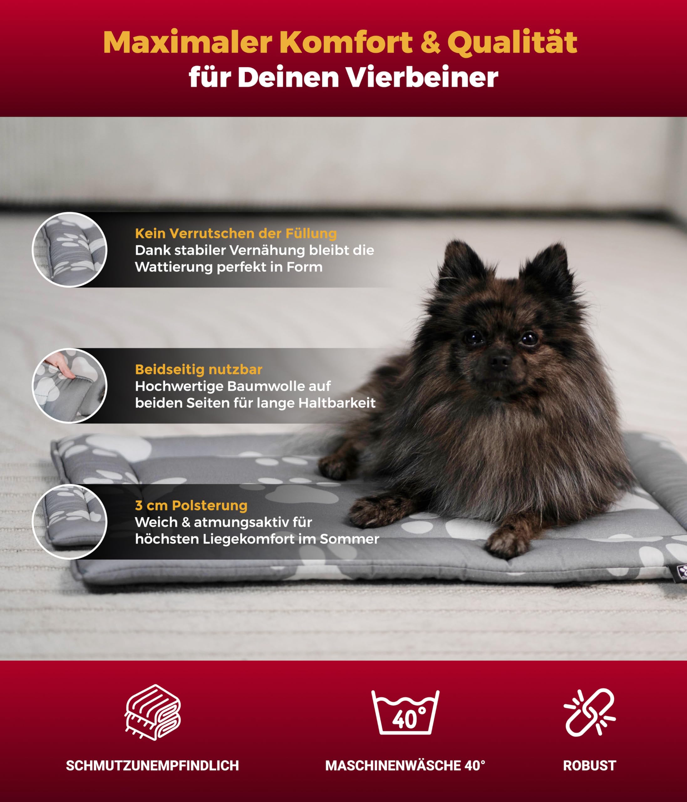Sommerdecke Baumwolle mit Füllung S (55x75 cm) – Gepolsterte Hundedecke für den Sommer – Wend- & Waschbar – Leichte Hunde Sommerdecke – Pfote Anthrazit, Made in DE