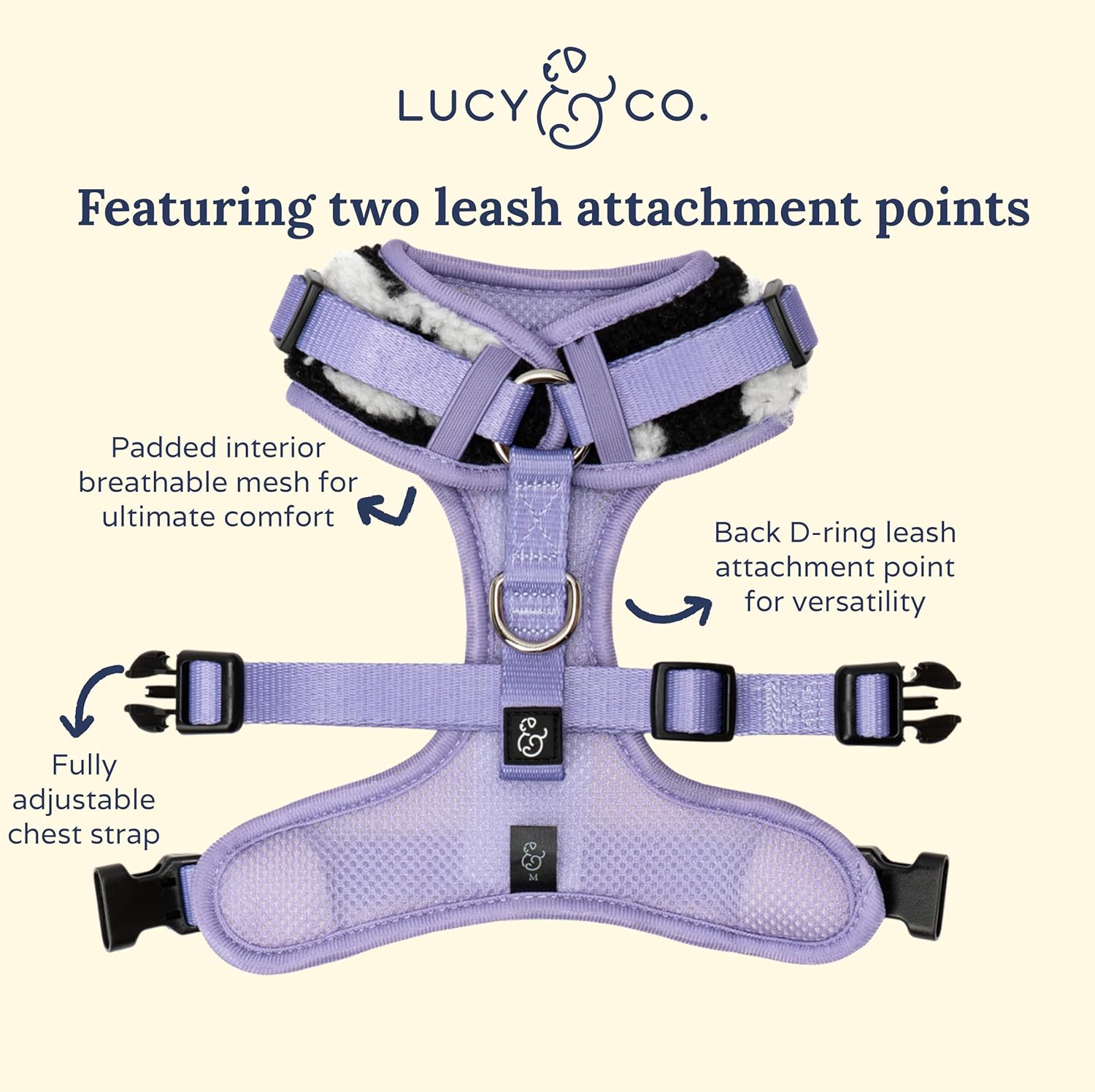 Lucy & Co. The Far Out No-Pull Dog Harness for Dogs – Comfortable Leash Training Product w/Adjustable Chest & Neck Straps - Black Purple Floral Teddy Fleece - Large