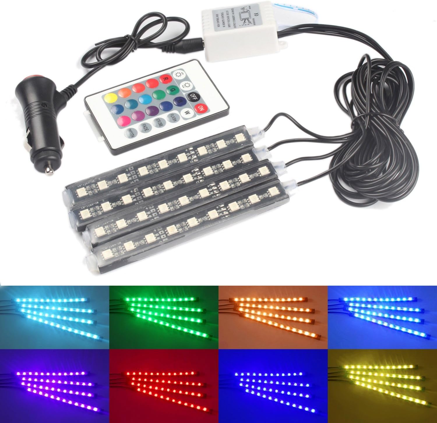 ANFTOP 4pcs RGB Multicolor Car Interior Atmosphere Strip Lights DC 12V 9 LED Auto Floor Under Dash LED Lights with Wireless Remote Control and Car Charger