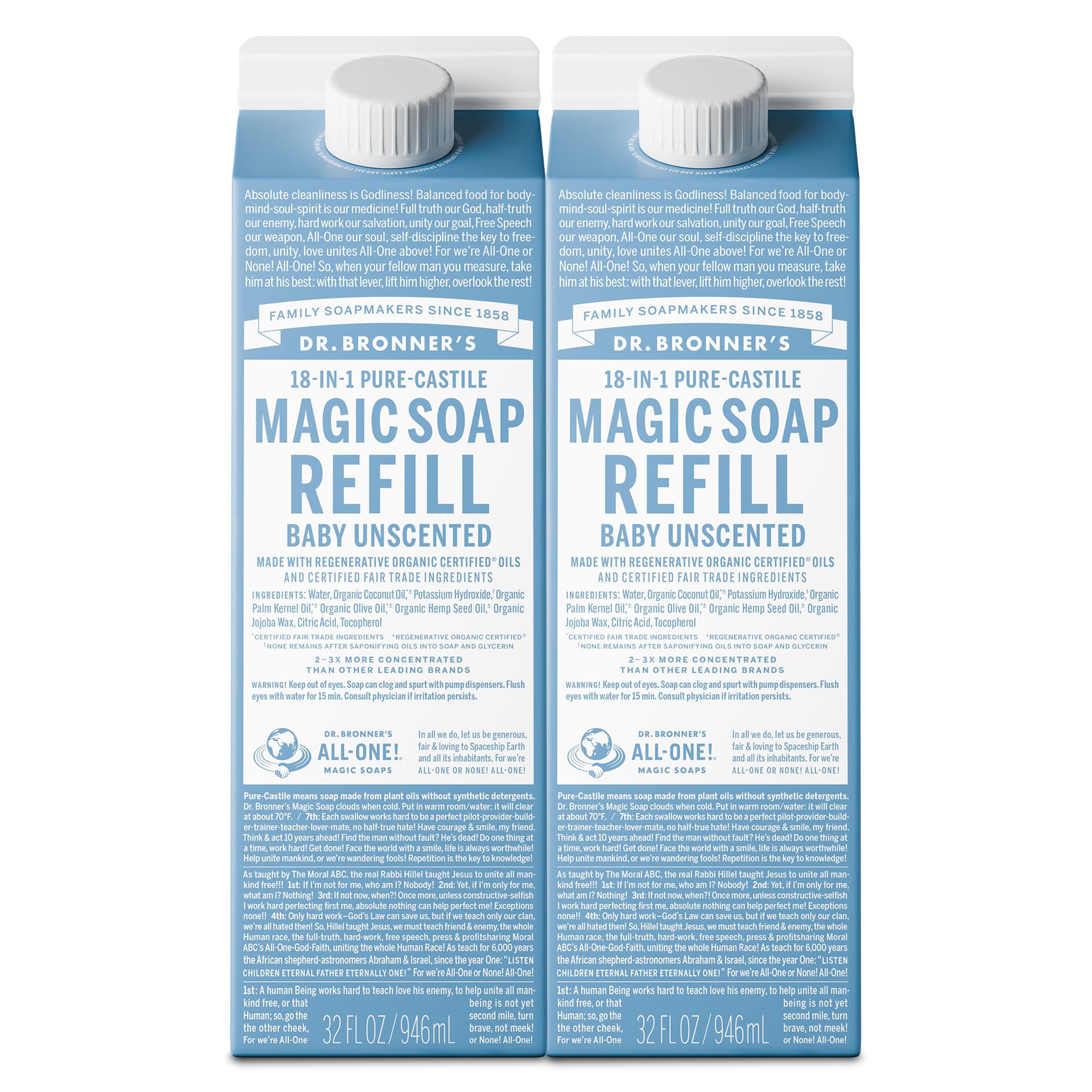 Magic Soap-Pure-Castile Liquid Refill (Baby Unscented, 32 ounce, 2-Pack) - Made with Regenerative Organic Certified Oils, For Body, Hair, Laundry, Pets & Dishes, Concentrated, Vegan