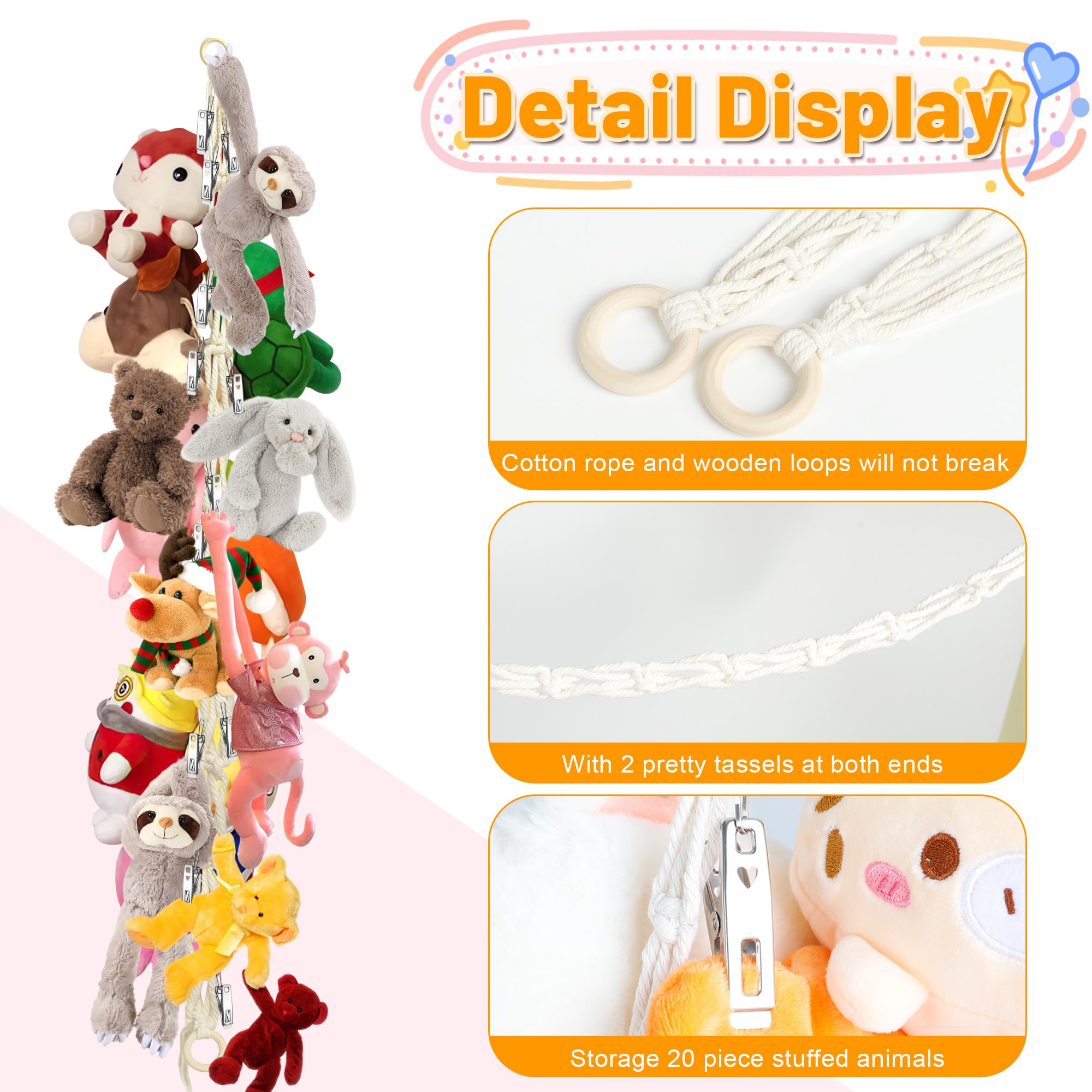 Dorblely Stuffed Animal Storage Hammock Corner - Hanging Stuffed Animal Holder with 20 PCS Metal Clips, Boho Stuffed Animal Organizer Chain for Hanging Hats Socks Holiday Cards