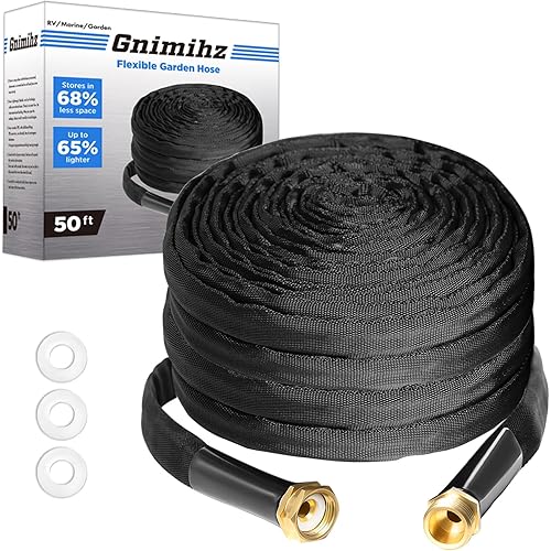 Garden Hose 50ft, Made of TPE(Not PVC), Ultra-Light & Flexible Water Hose with Solid Brass Fittings, Non-Shrinking, Easy to Storage, Drinking Water Safe Material, All-weather, Black, Newbox